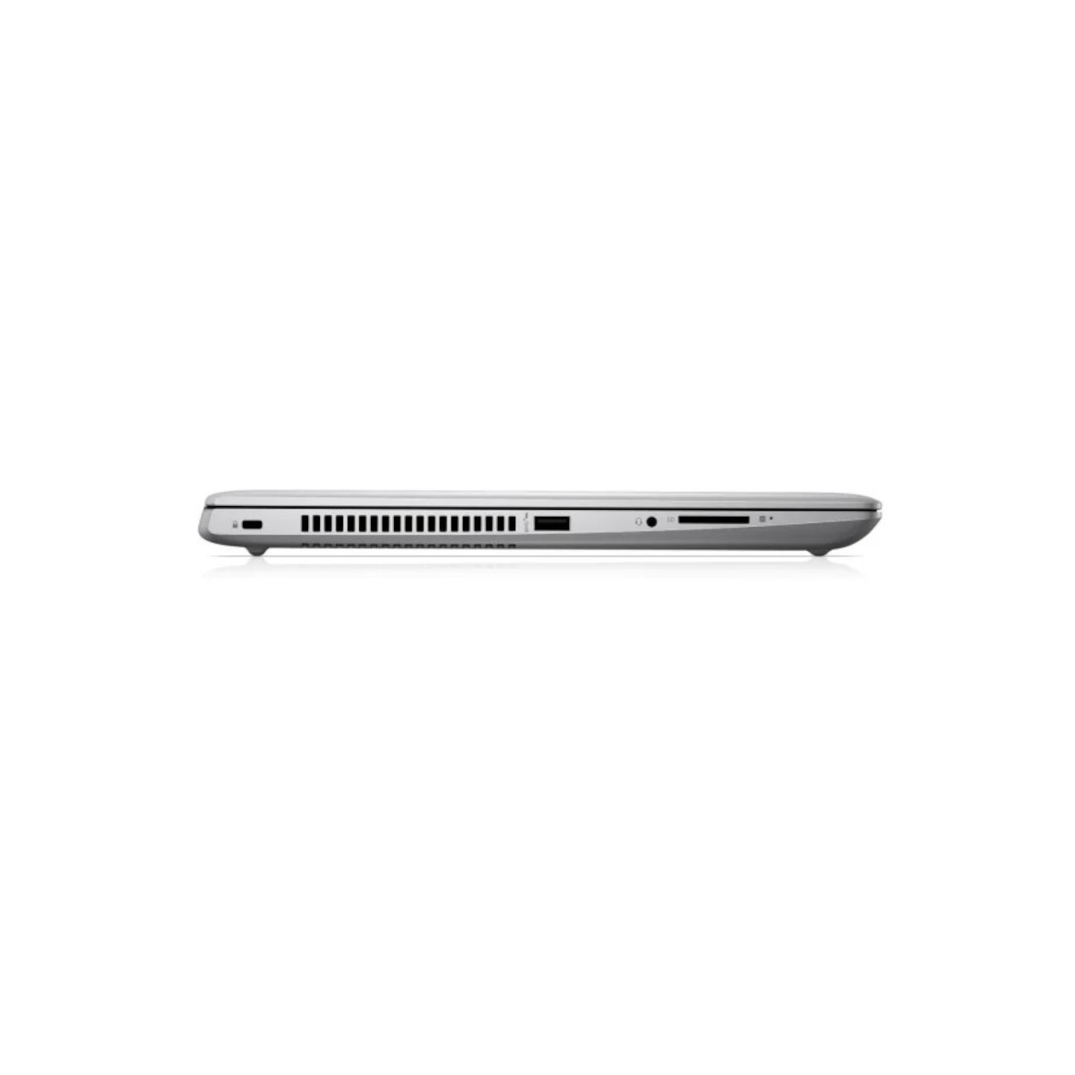 Seitenansicht eines silbernen Laptops mit Lüftungsschlitzen und Anschlüssen.
