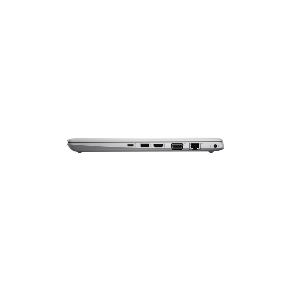 Silberner Laptop-Rand mit Anschlüssen: USB-C, HDMI, VGA, Ethernet.