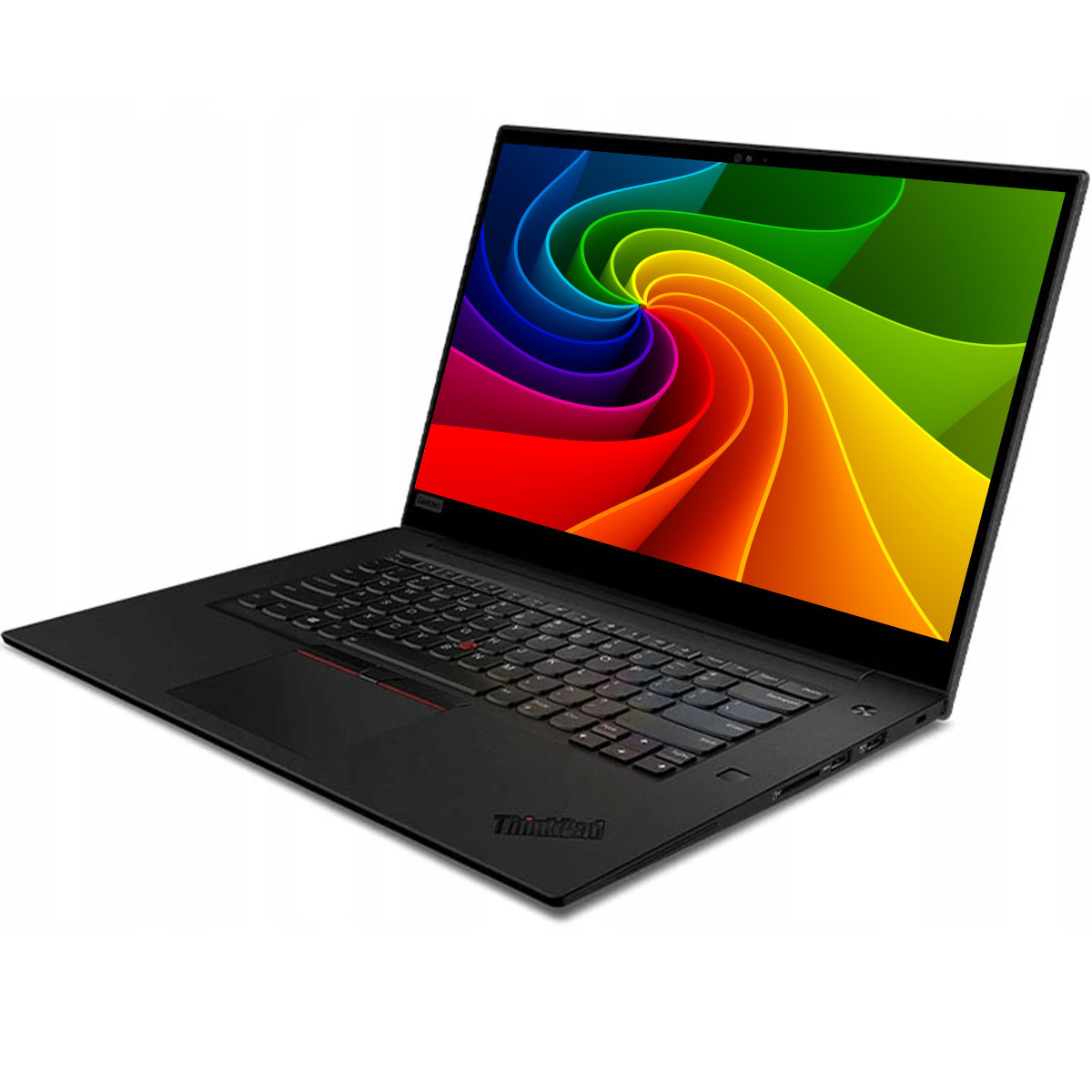 Schwarzer Laptop mit buntem Regenbogen-Wirbel auf dem Bildschirm.