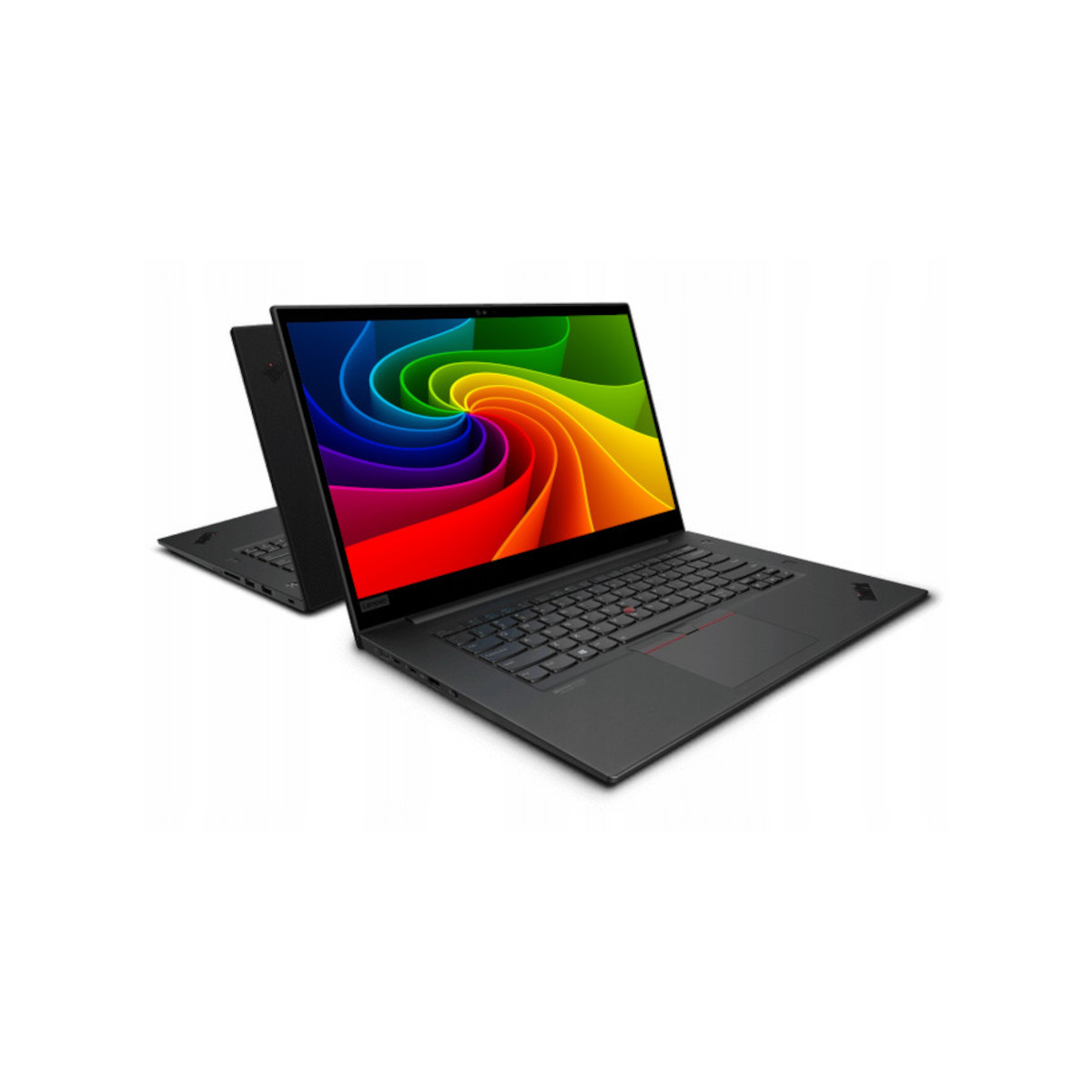 Zwei schwarze Laptops nebeneinander, einer geöffnet mit einem Regenbogen-Wirbel-Hintergrund.
