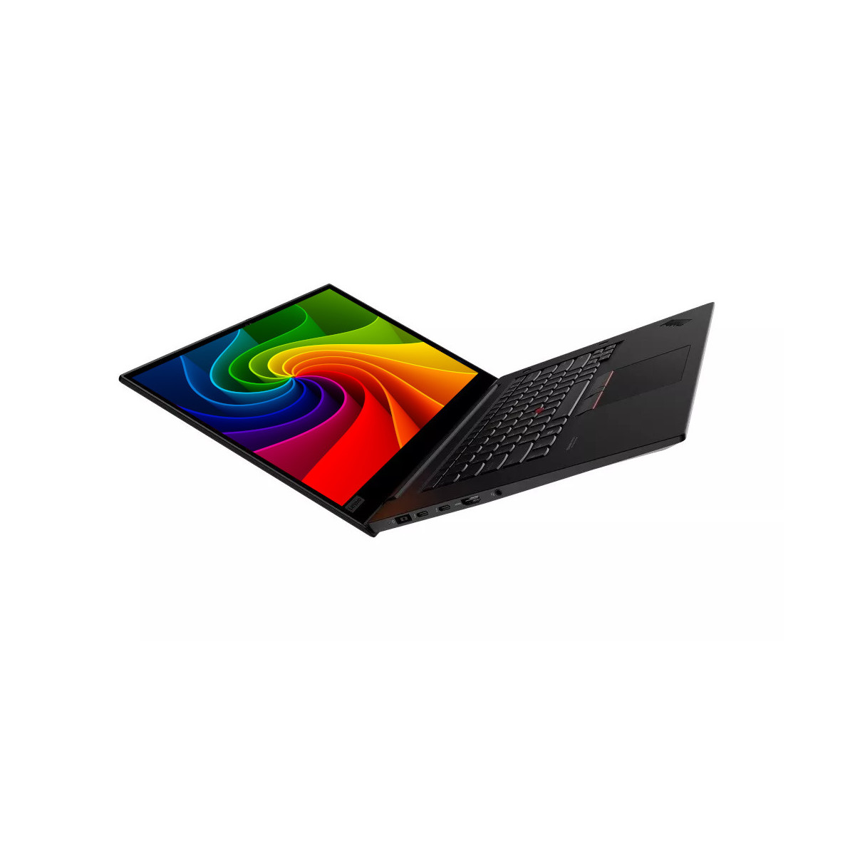 Ein offenes schwarzes Laptop mit einem bunten Wirbelbildschirm auf weißem Hintergrund.