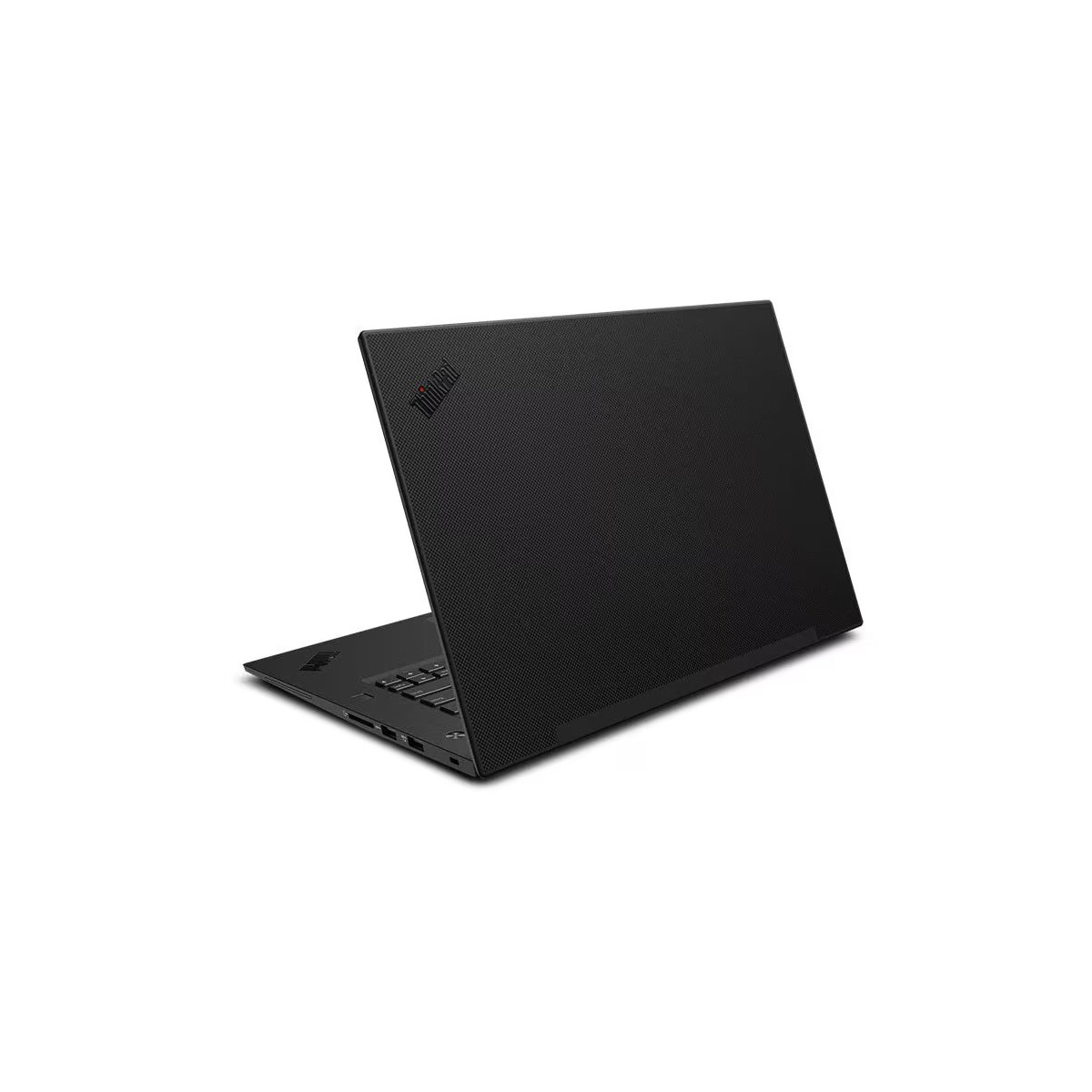 Ein geschlossener schwarzer Laptop mit ThinkPad-Logo, auf weißem Hintergrund.