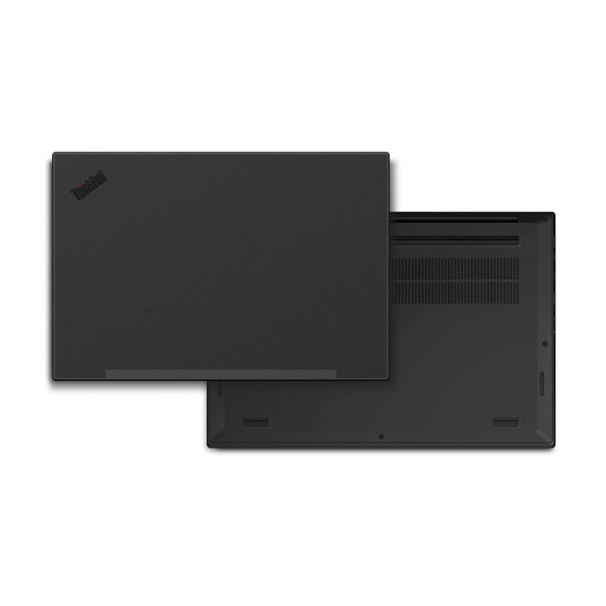 Zwei schwarze Laptops, einer mit aufgedrucktem Logo, der andere offen.
