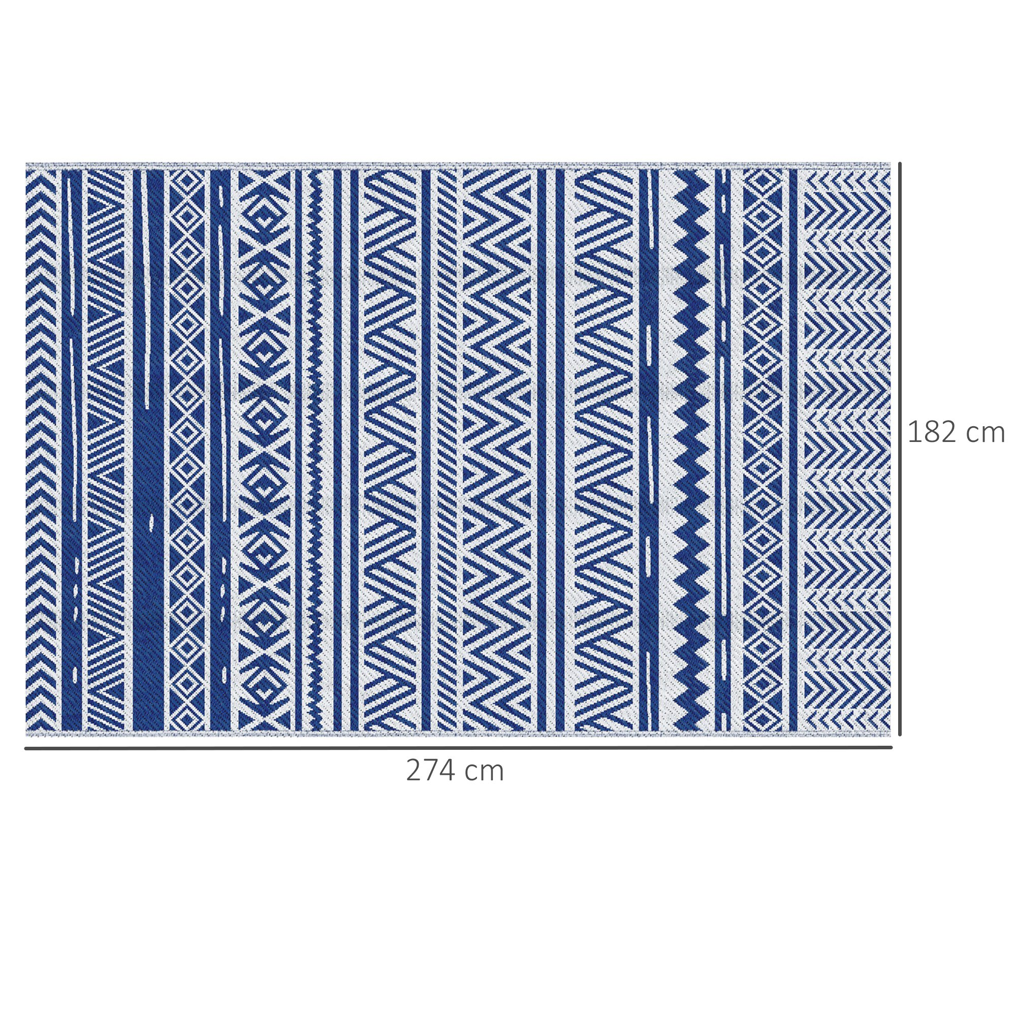 Alfombra azul y blanca con patrones geométricos, mide 274x182 cm.