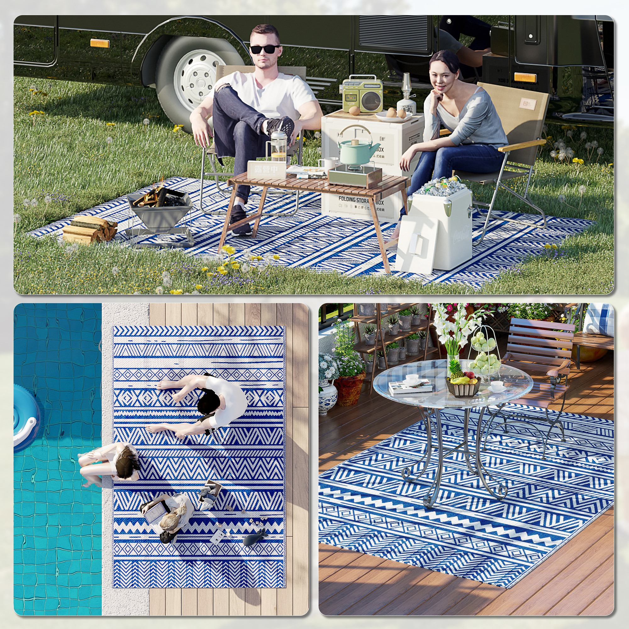 Dos escenas: Camping con autocaravana y manta de picnic, gente en piscina, gente en terraza.