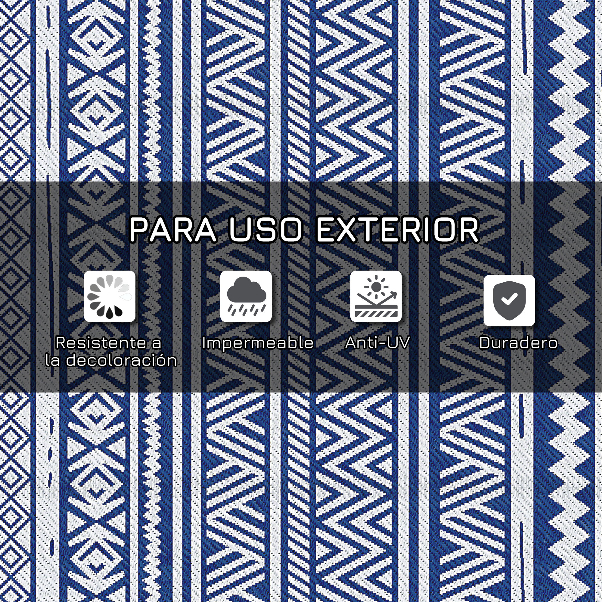 Patrón azul y blanco con iconos de protección UV, lluvia y durabilidad.