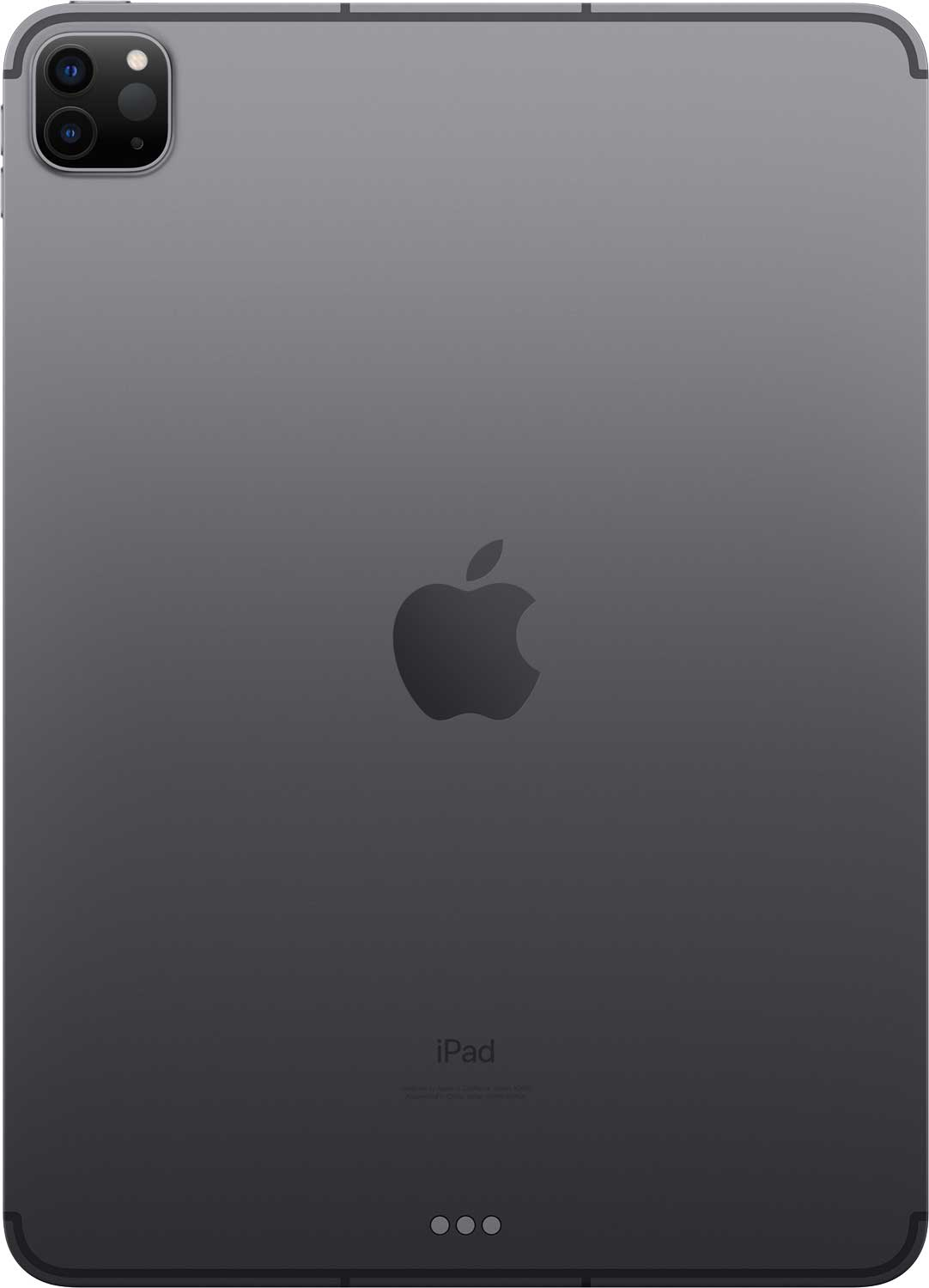 Achterkant van een grijze iPad met Apple logo en drievoudige camera.