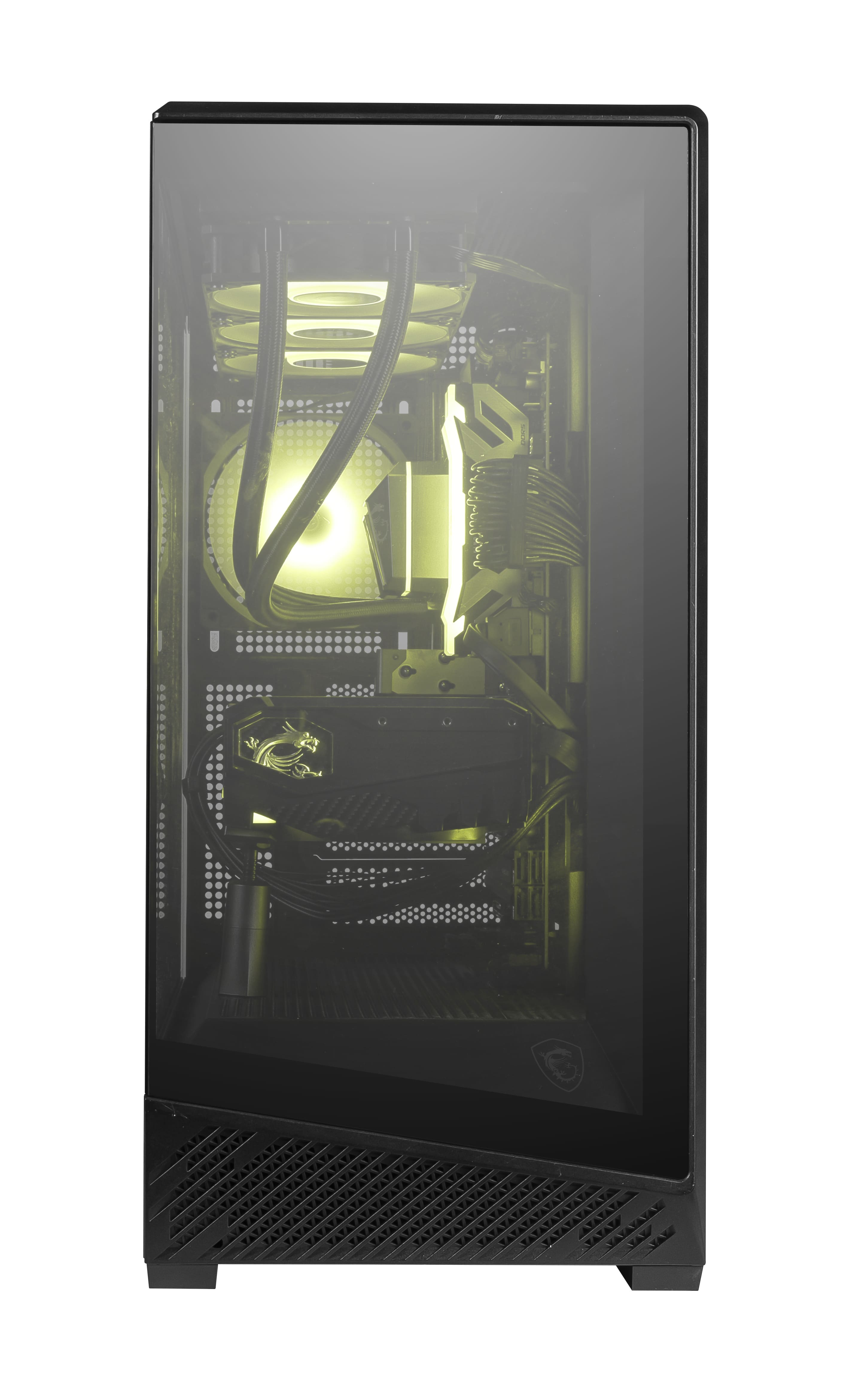 Ein beleuchteter PC-Gehäuse mit gelben Lichtern und sichtbaren Komponenten.