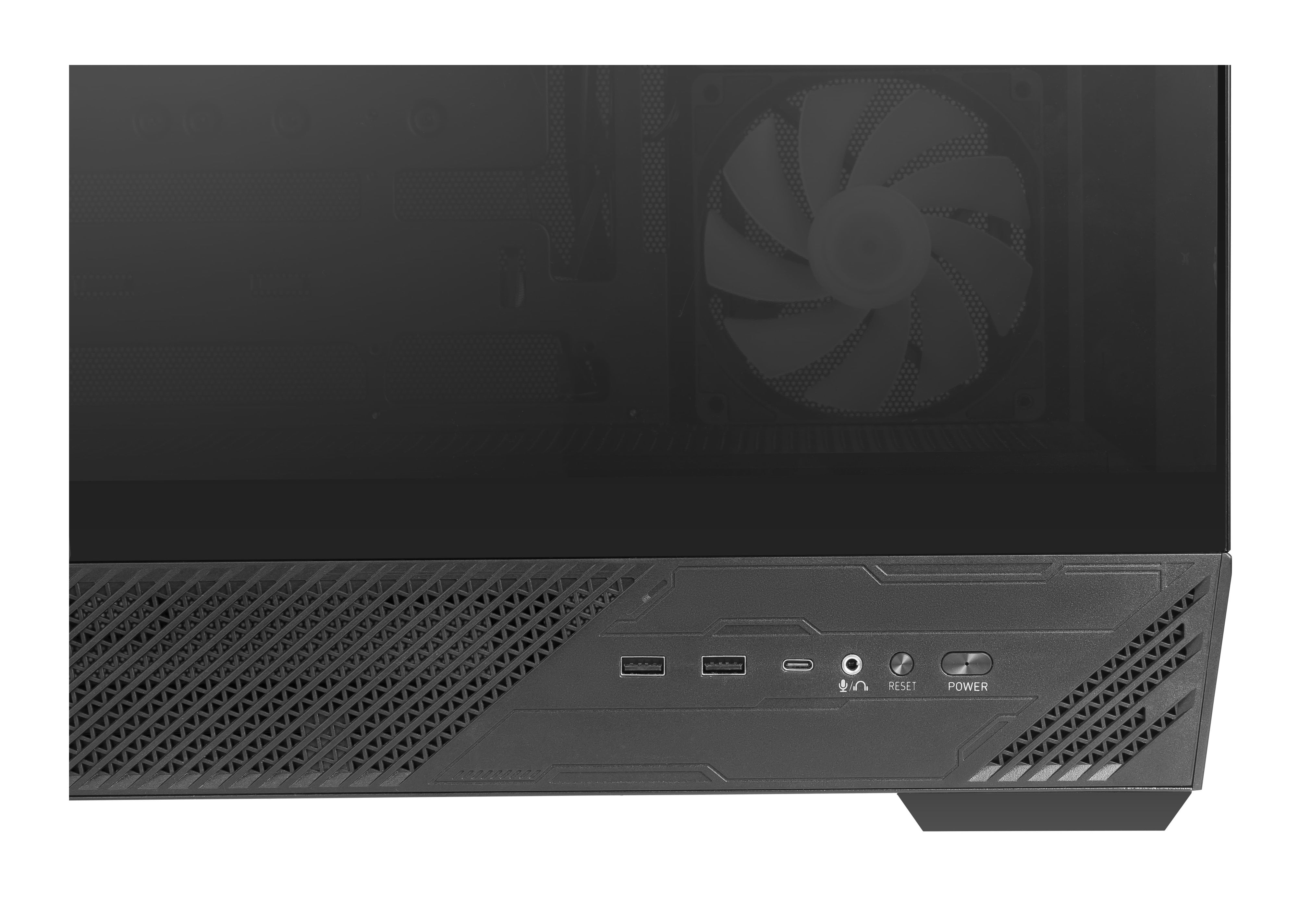 Vorderseite eines schwarzen Computers mit Lüfter und Anschlüssen.