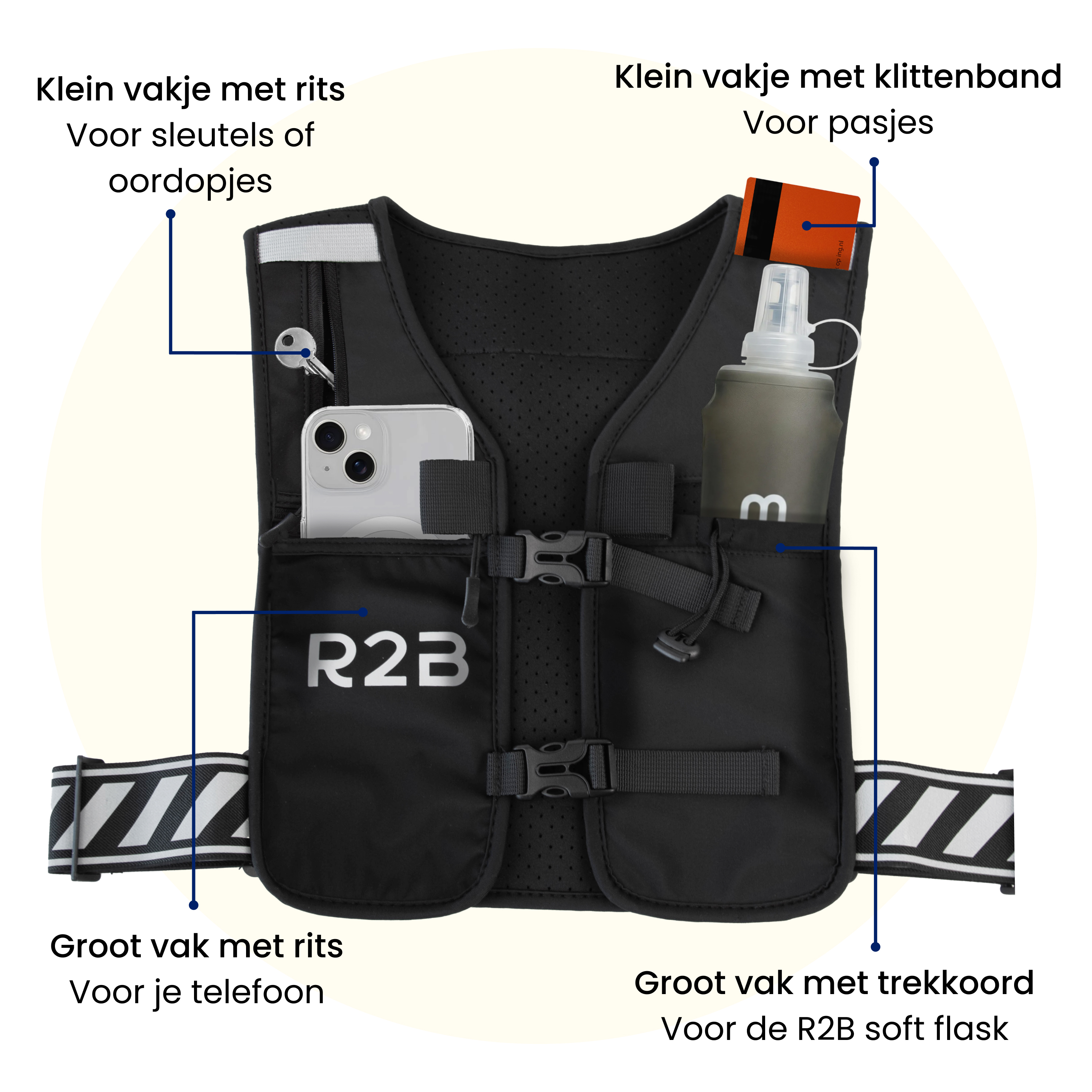 Gilet noir avec compartiments pour téléphone, clés, cartes et flasque.