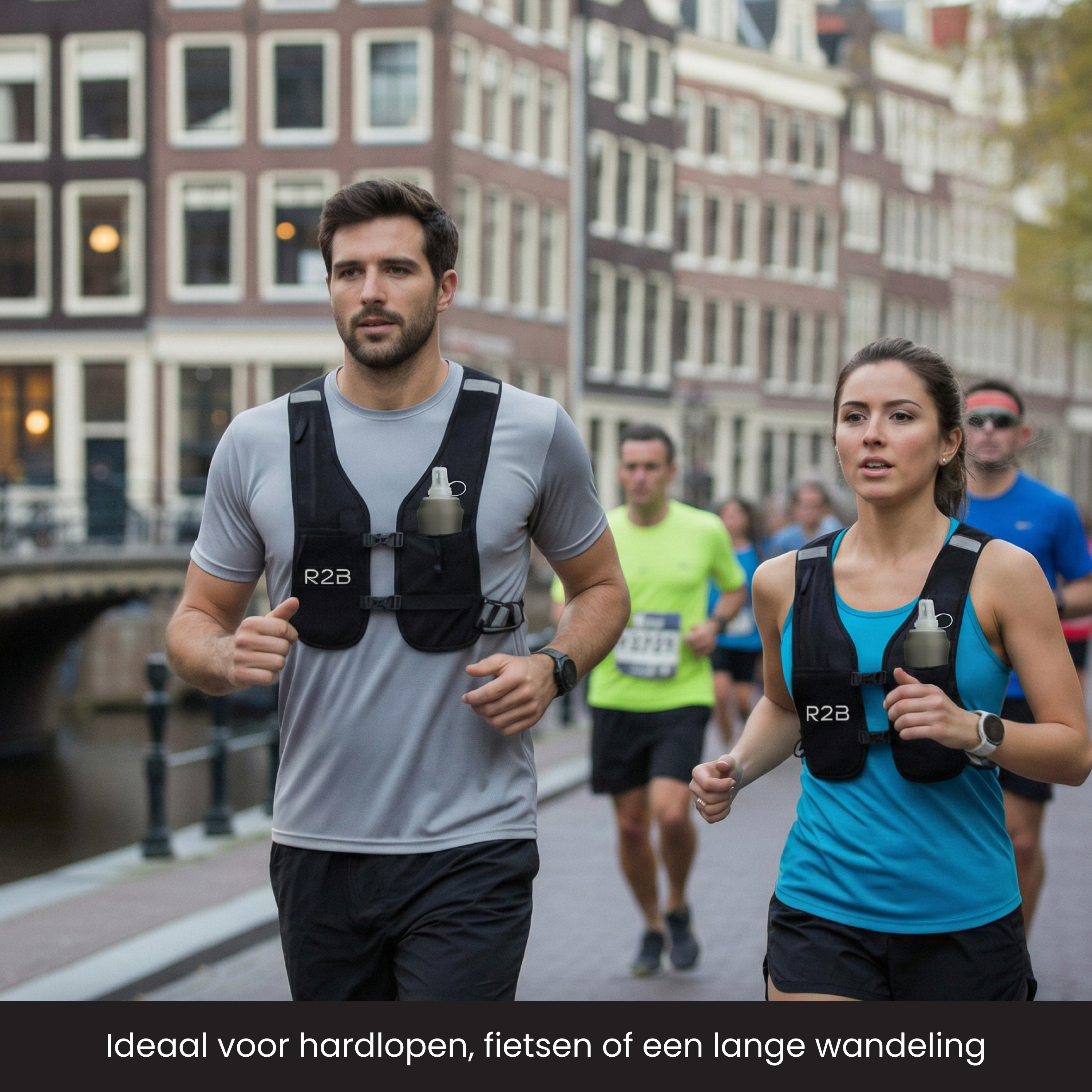 Coureurs avec gilets d'hydratation à Amsterdam devant des bâtiments.