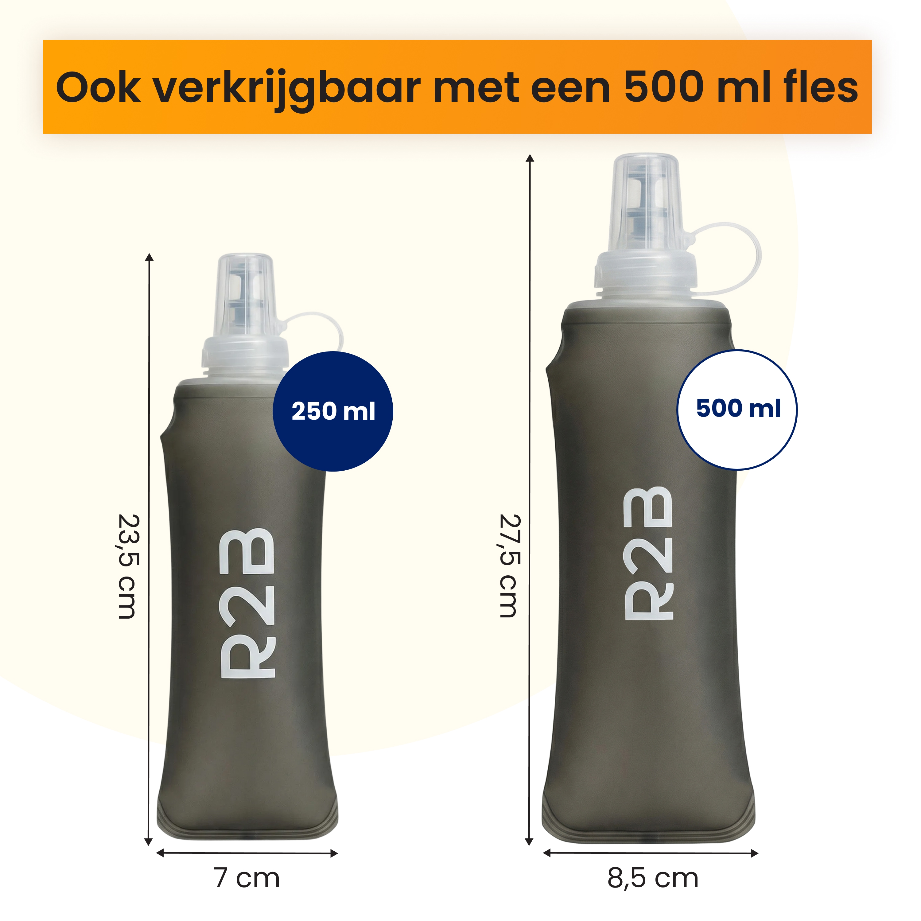Deux flasques souples de 250 ml et 500 ml avec dimensions.