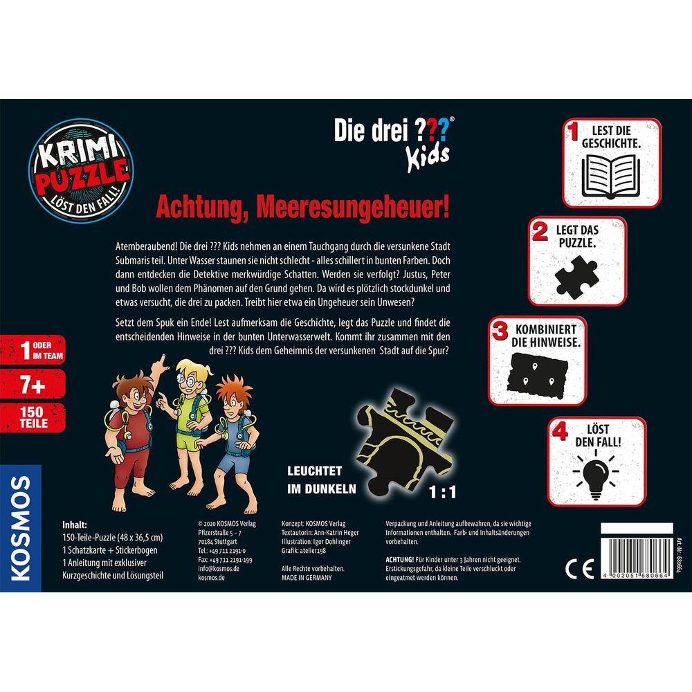 Ein "Die drei ??? Kids" Krimi-Puzzle-Box mit drei Kindern, einem Puzzle-Teil und Spielanleitung.