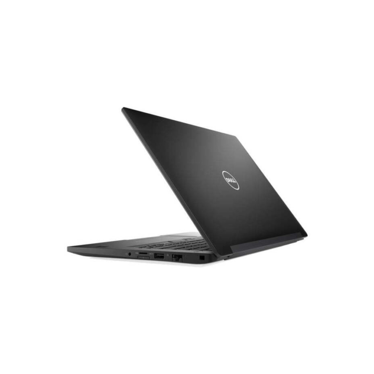 Schwarzer Dell Laptop von der Seite, mit aufgeklapptem Bildschirm.