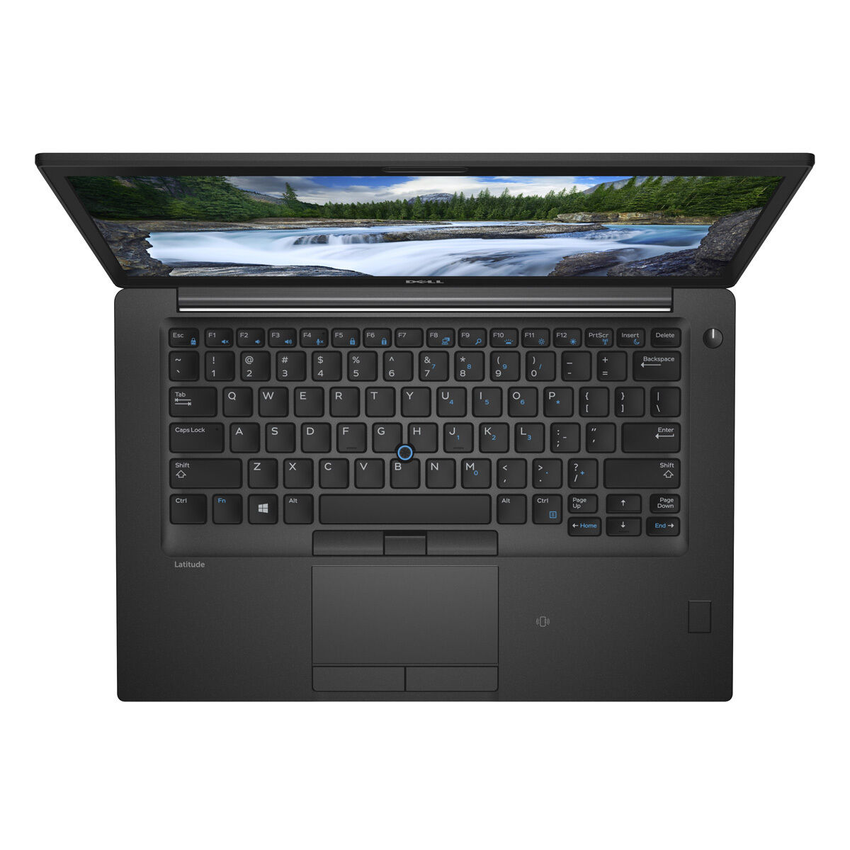 Ein offener schwarzer Dell Latitude Laptop mit einem Wasserfallbild auf dem Bildschirm.