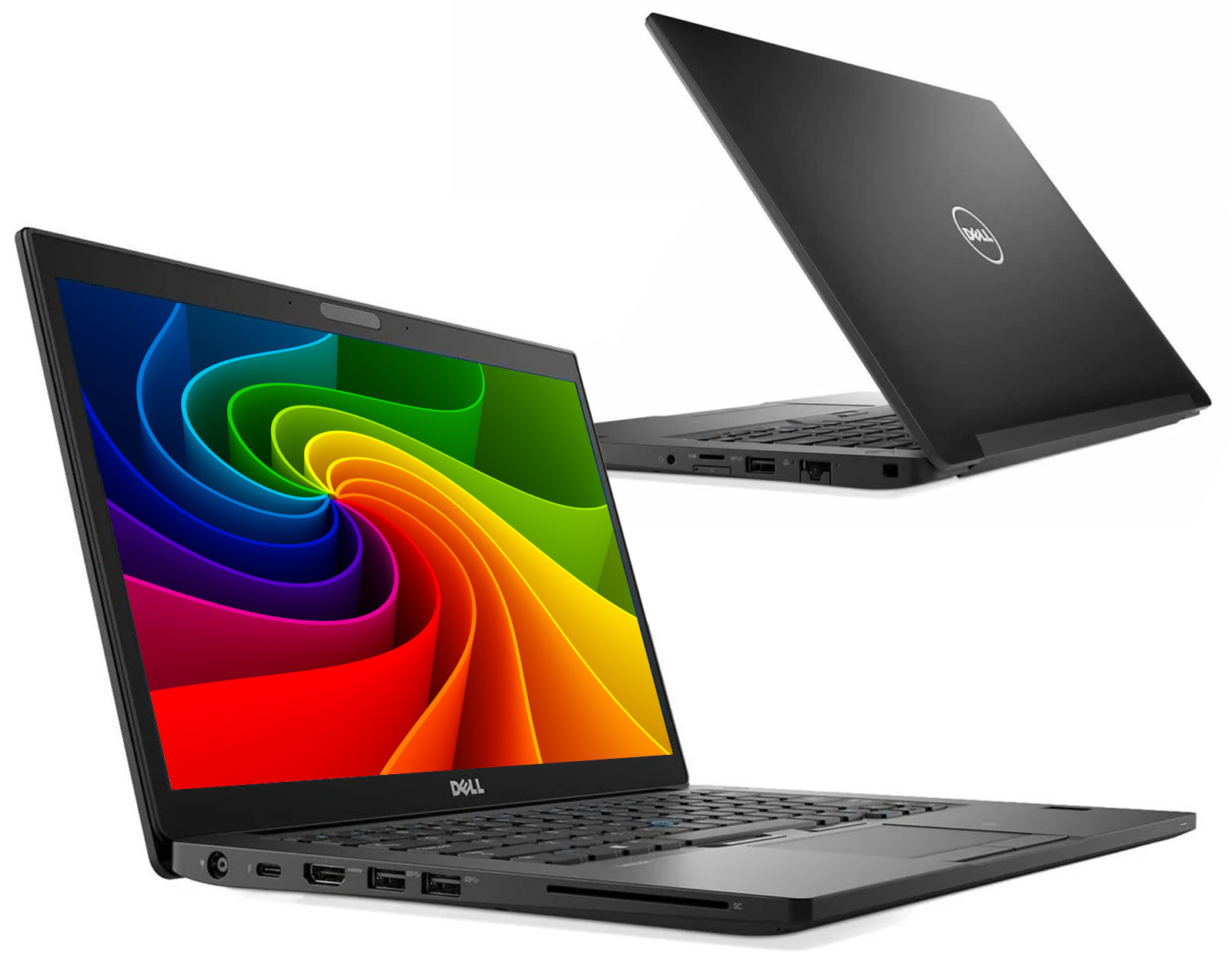 Schwarzer Dell Laptop mit buntem Hintergrundbild und Ansicht von oben.