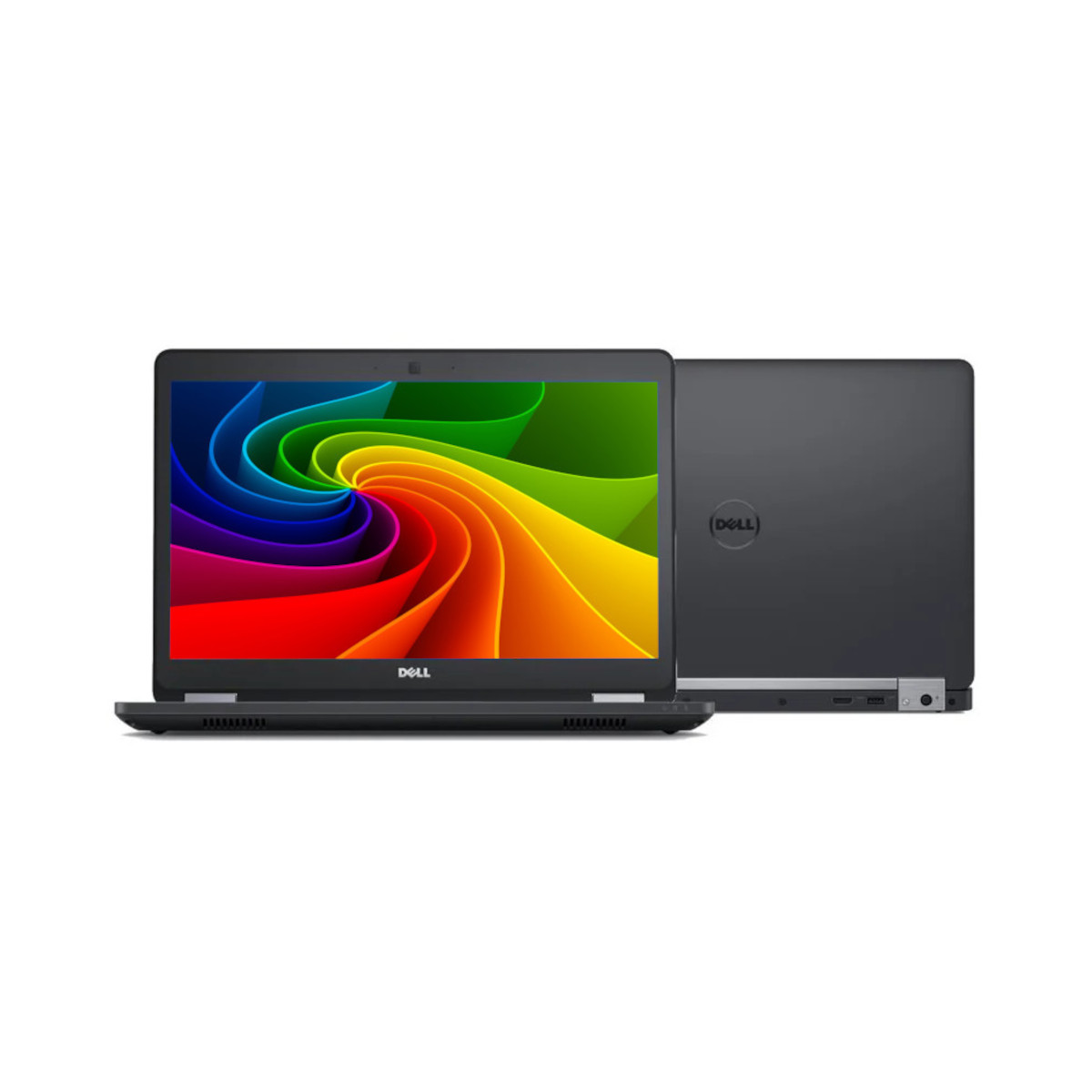 Ein geöffneter schwarzer Dell Laptop mit einem Regenbogen-Hintergrundbild und einem weiteren geschlossenen Laptop daneben.