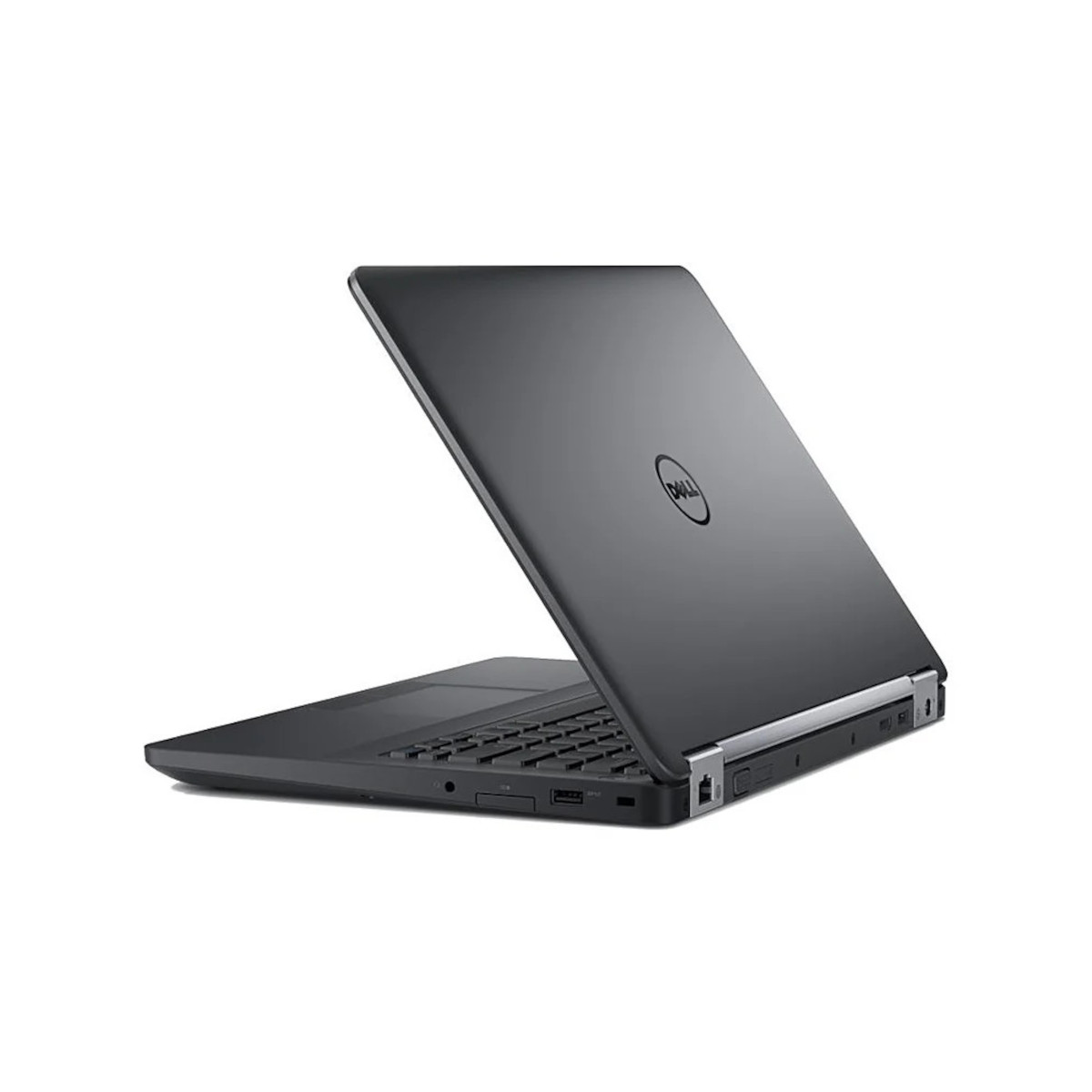 Ein schwarzer Dell Laptop mit geöffnetem Deckel auf weißem Hintergrund.