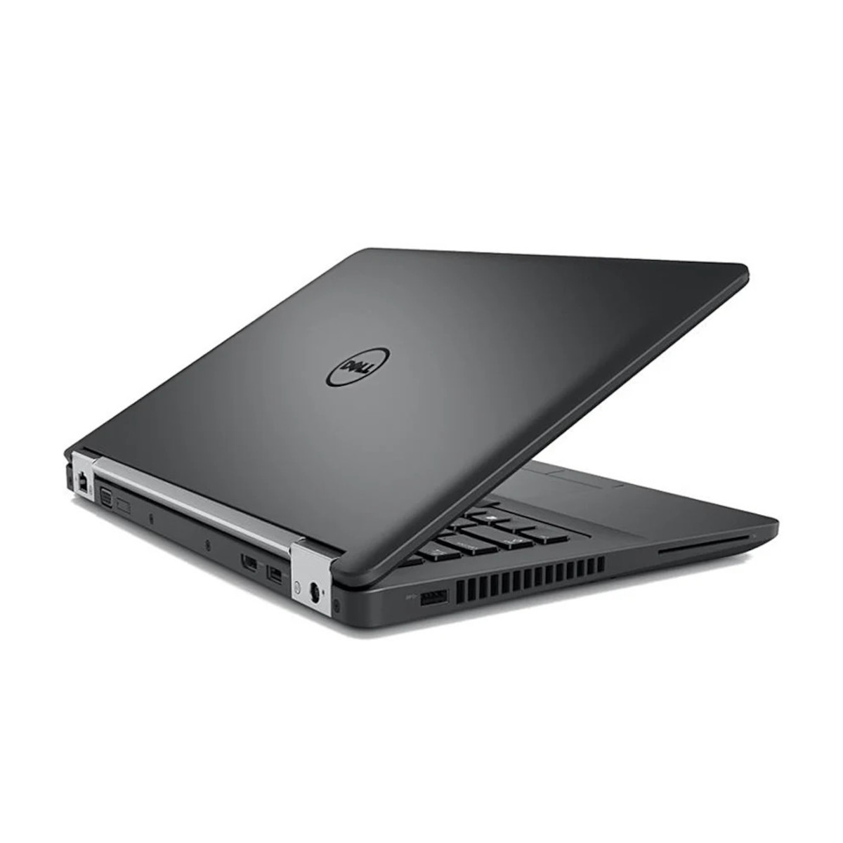 Ein geschlossener schwarzer Dell Laptop mit dem Logo auf dem Deckel.
