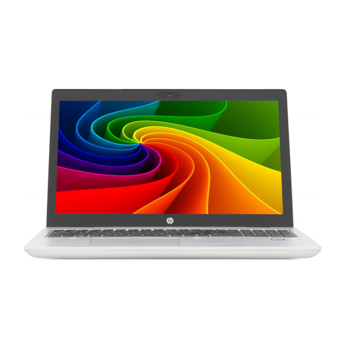 Ein offener Laptop mit einem Regenbogen-Wirbelmuster auf dem Bildschirm.