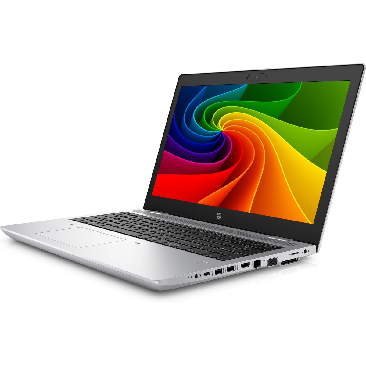 Ein silberner Laptop mit einem bunten Wirbel-Hintergrund auf dem Bildschirm.