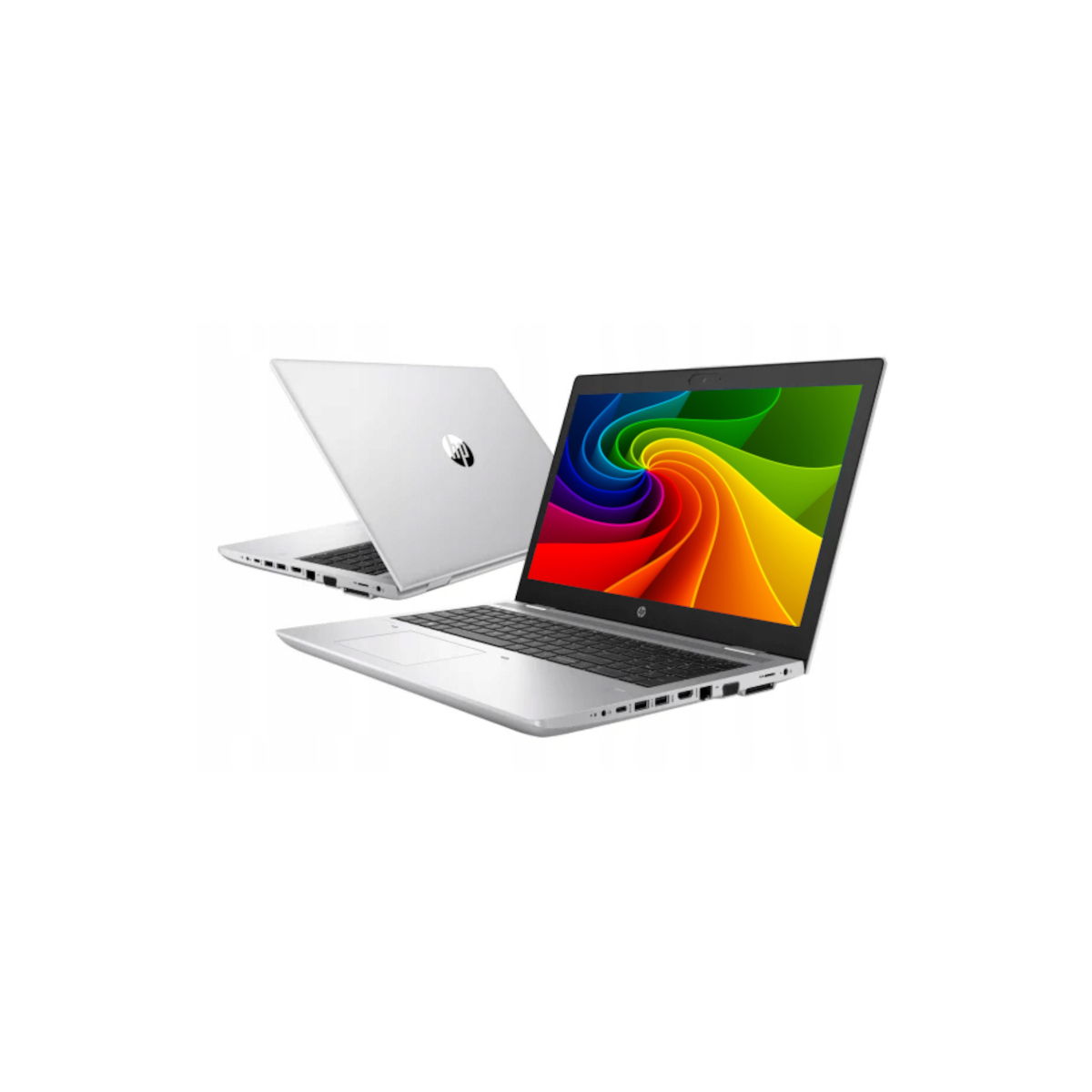 Zwei silberne Laptops mit bunter Bildschirmanzeige nebeneinander.