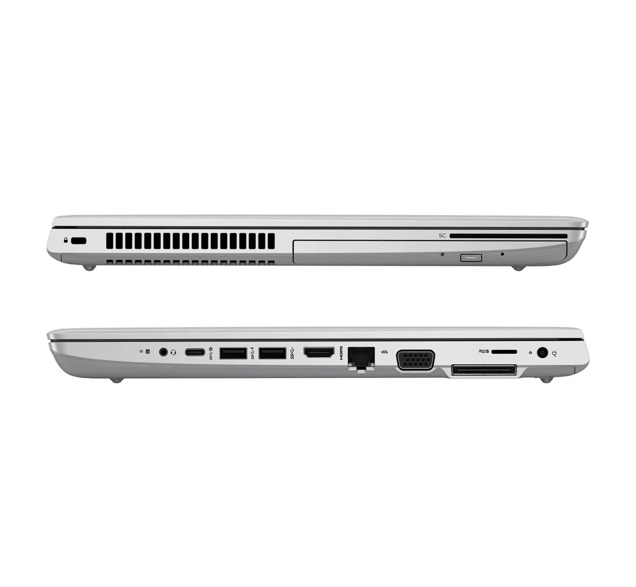 Silberner Laptop von links und unten mit Anschlüssen.
