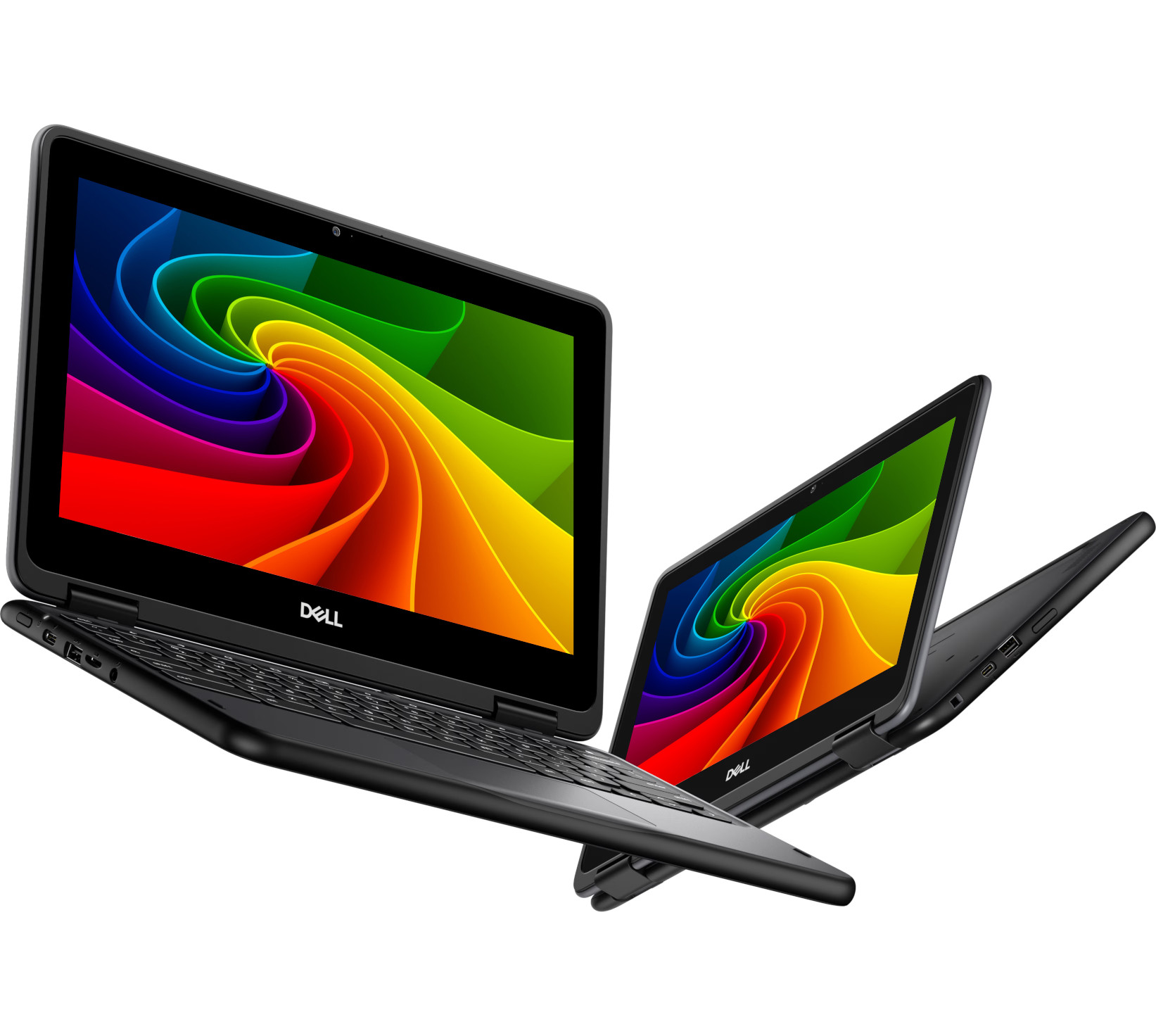 Zwei schwarze Dell-Laptops mit einem bunten Wirbel-Hintergrund auf den Bildschirmen.