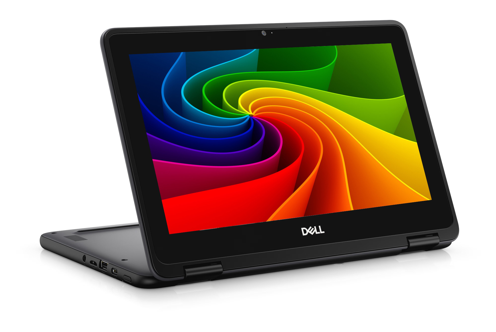 Ein schwarzer Dell Laptop mit einem bunten, wirbelnden Hintergrundbild.