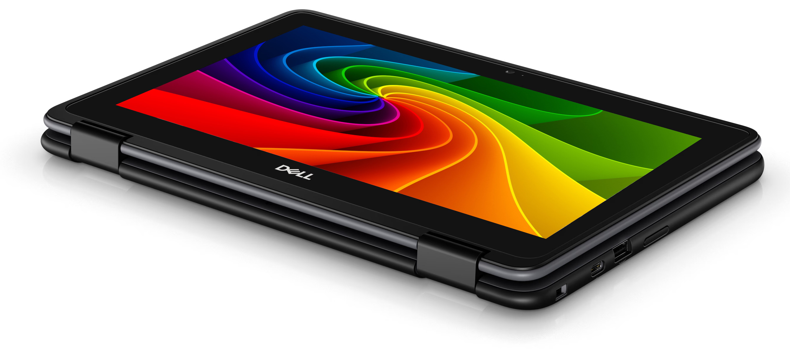Schwarzes Dell-Tablet mit einem bunten Wirbelmuster auf dem Bildschirm.