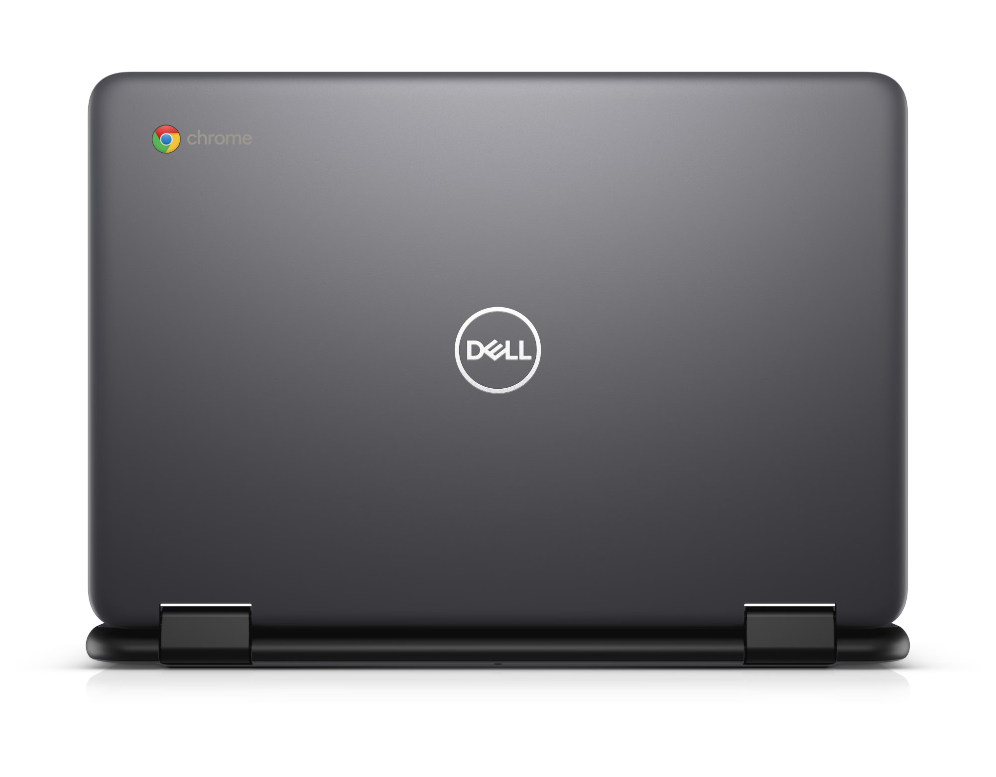 Geschlossener grauer Dell Chromebook mit Chrome-Logo oben links und Dell-Logo.