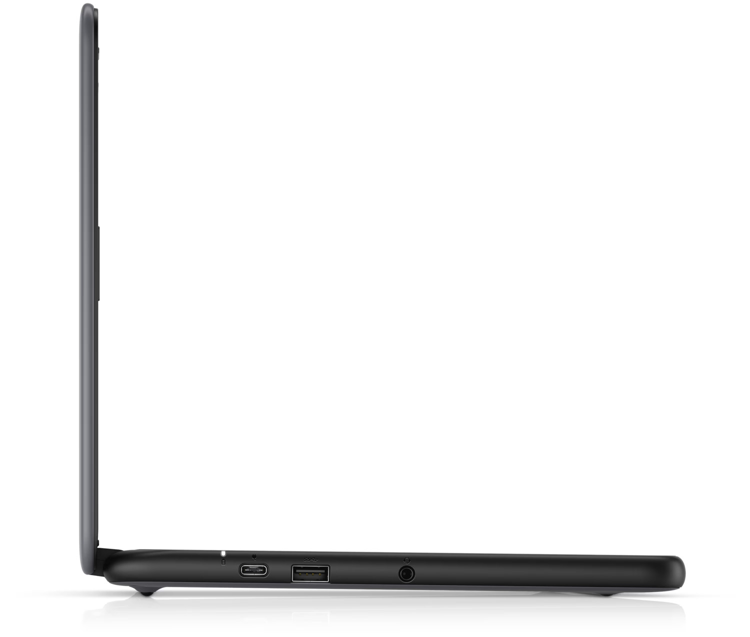 Seitenansicht eines geschlossenen Laptops mit USB- und Audioanschlüssen.