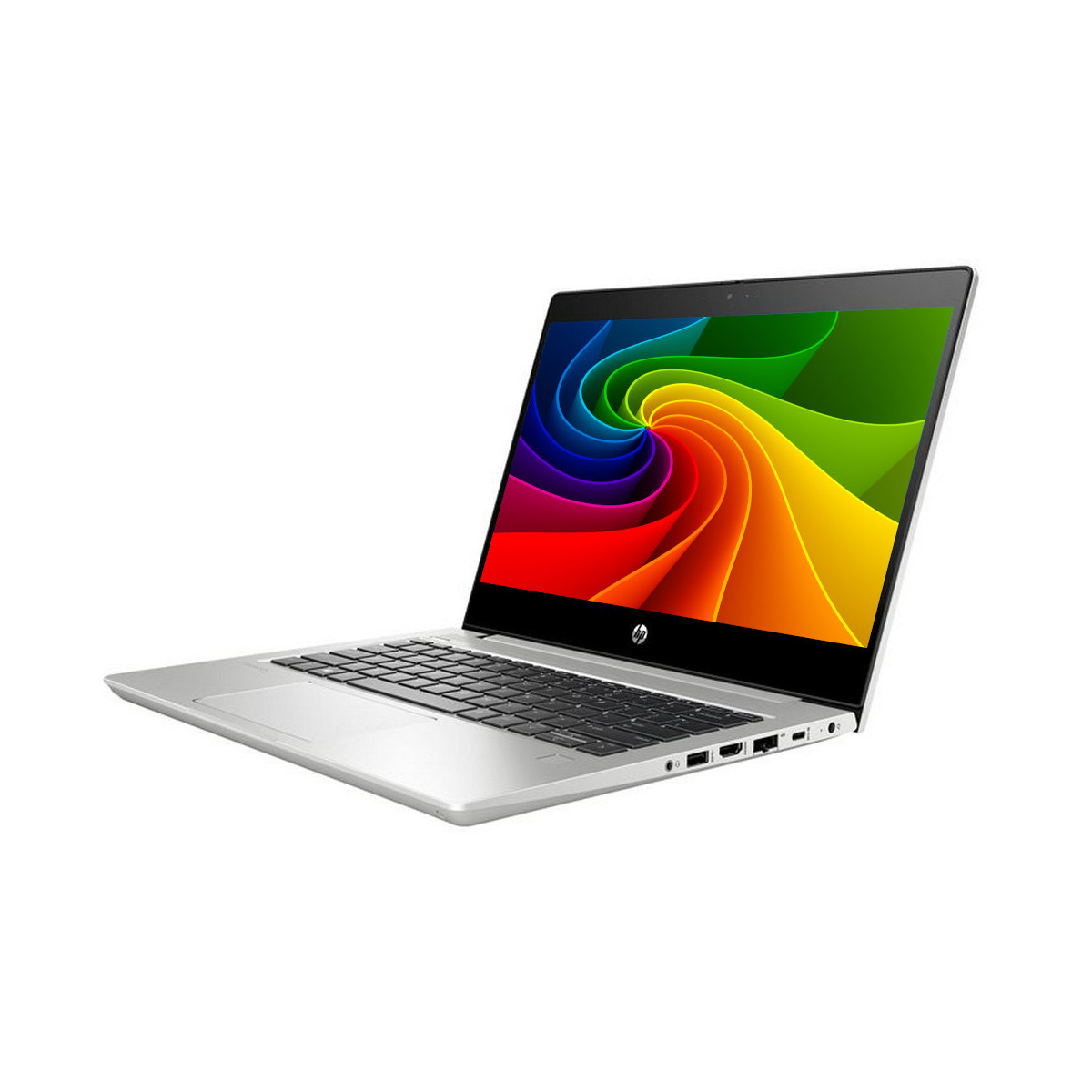 Ein hellgraues HP-Notebook mit einem farbenfrohen, wirbelnden Hintergrund auf dem Bildschirm.