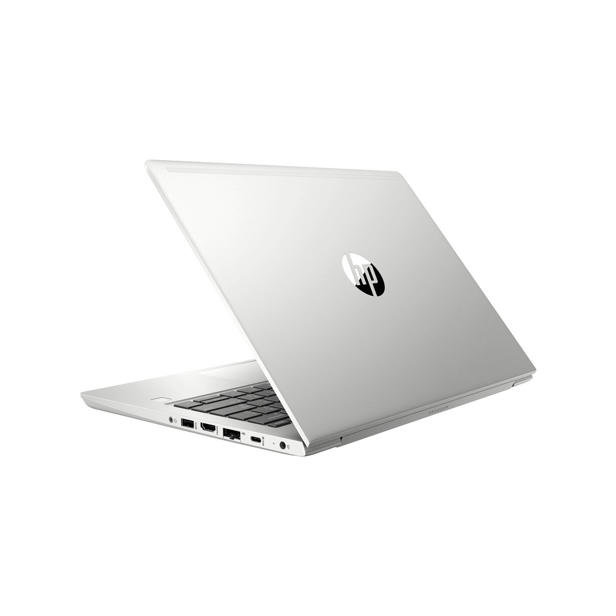 Ein silberner HP Laptop mit geöffnetem Deckel. Das HP-Logo ist auf dem Deckel.