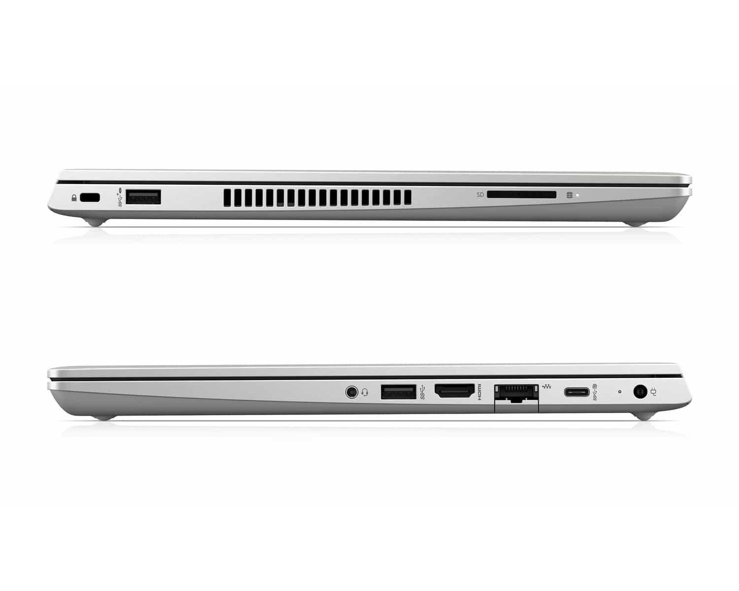 Silberner Laptop von der Seite mit Anschlüssen: USB-A, SD-Karte, HDMI, Ethernet, USB-C, Audio.