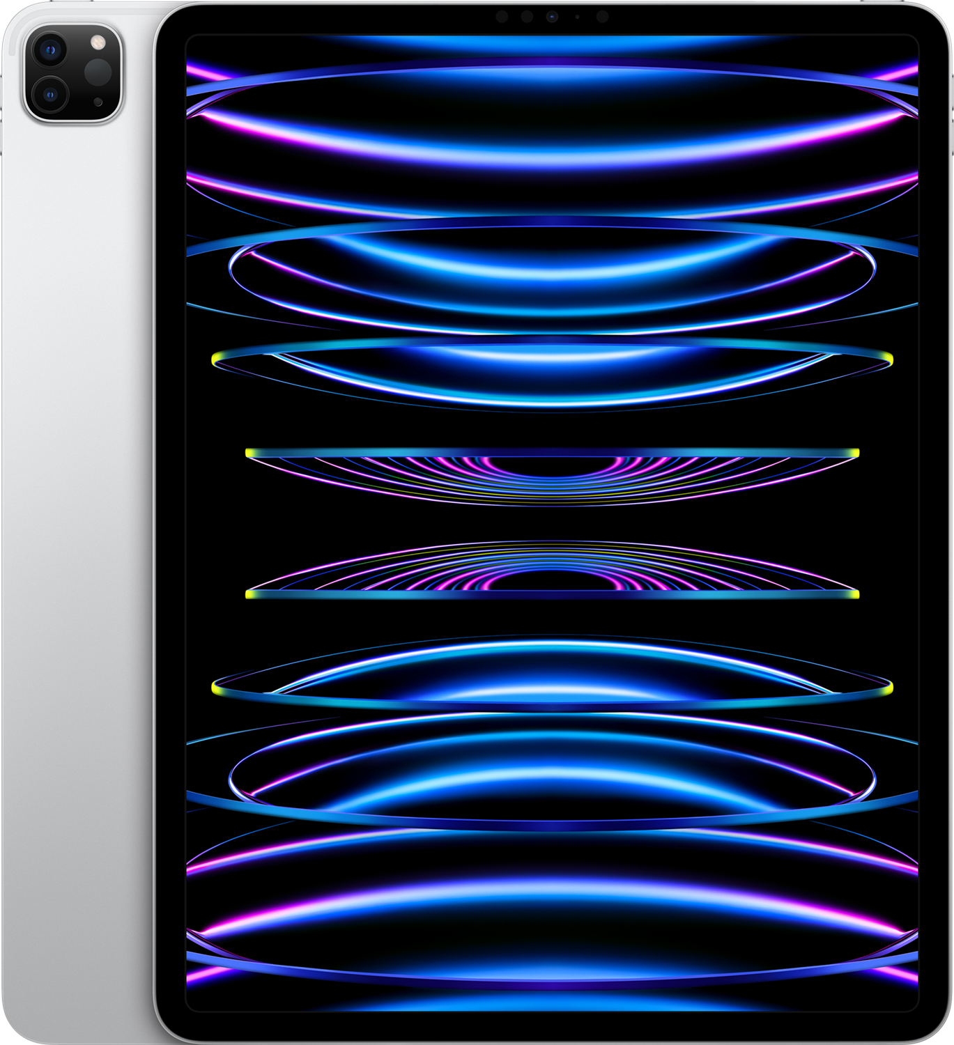 Srebrny tablet wyświetlający abstrakcyjne niebieskie i fioletowe pierścienie świetlne na czarnym ekranie.