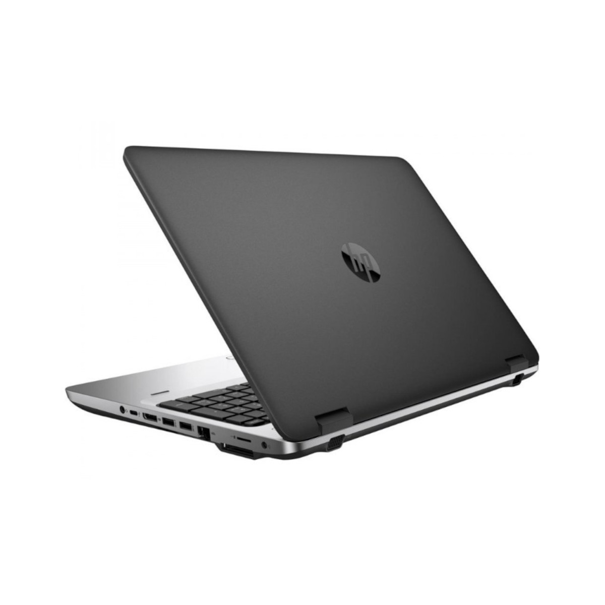 Ein geschlossener, schwarzer HP Laptop mit silbernen Akzenten auf weißem Hintergrund.