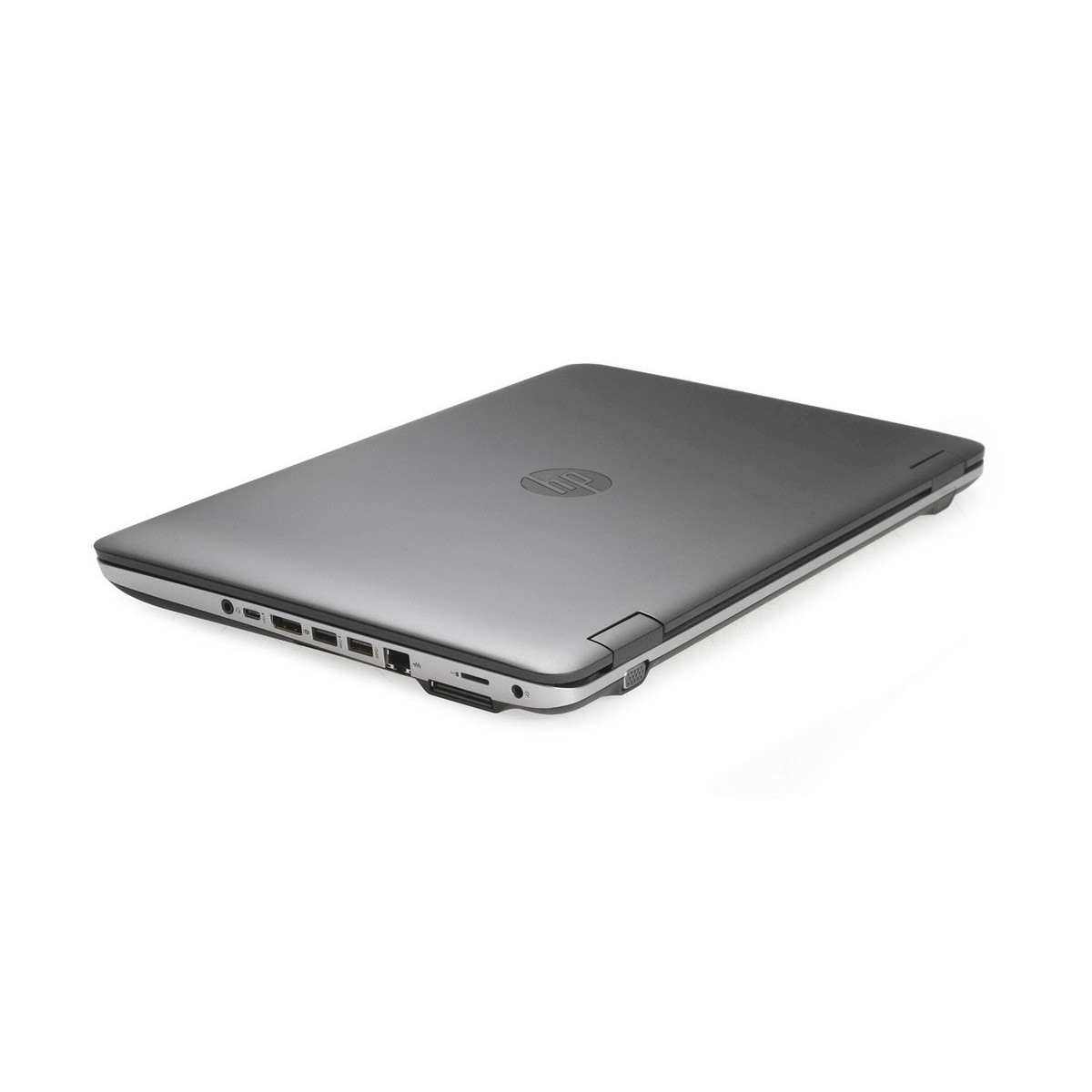 Geschlossener grauer HP Laptop mit silbernen Akzenten und Anschlüssen an der Seite.