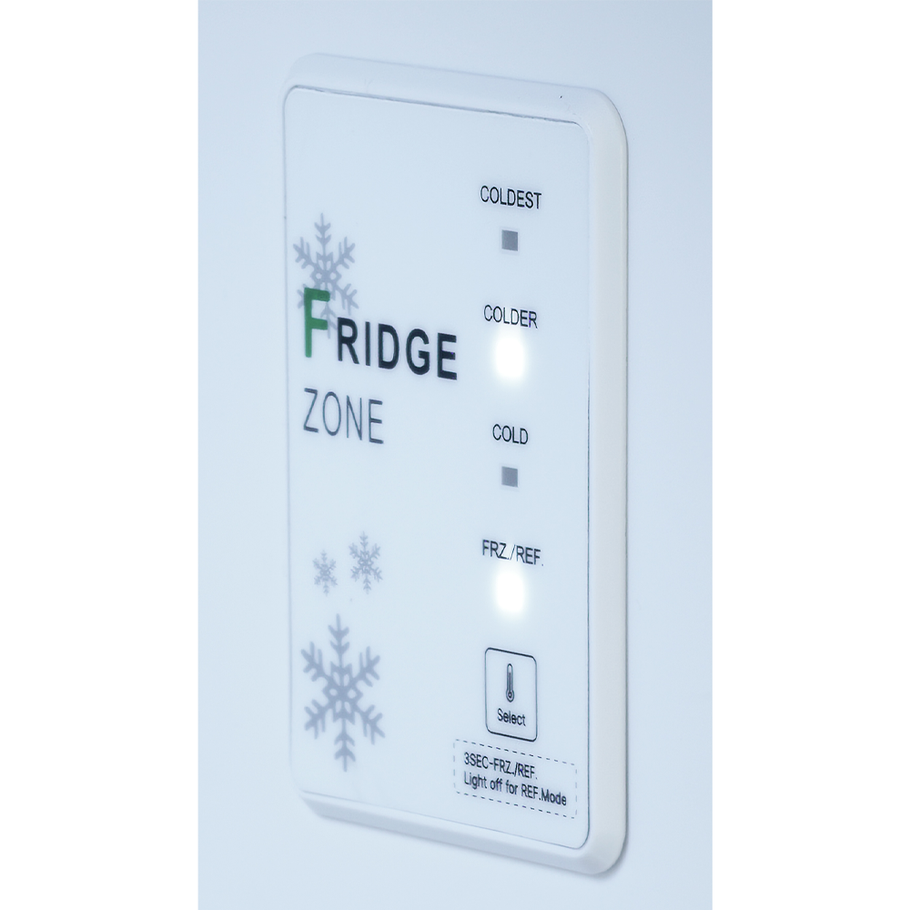 Panel de control con texto "FRIDGE ZONE" e indicadores "COLDER" y "FRZ./REF." iluminados.