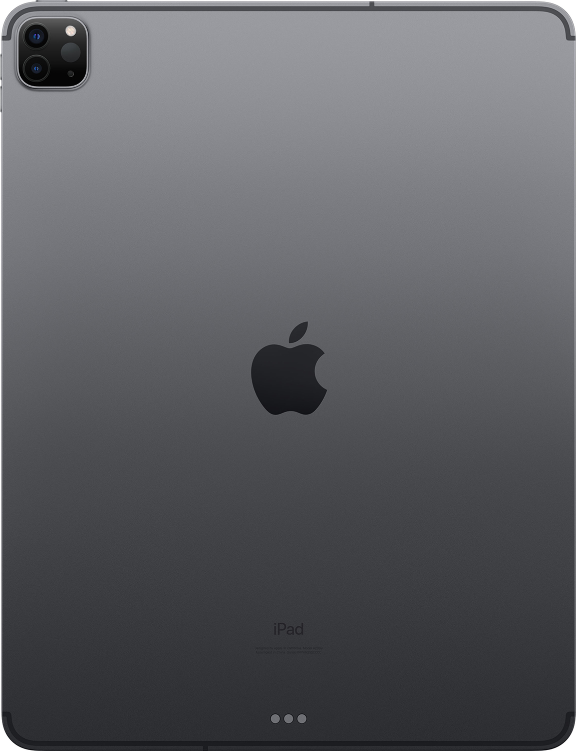 Achterkant van een donkere iPad met Apple-logo en camera-array.