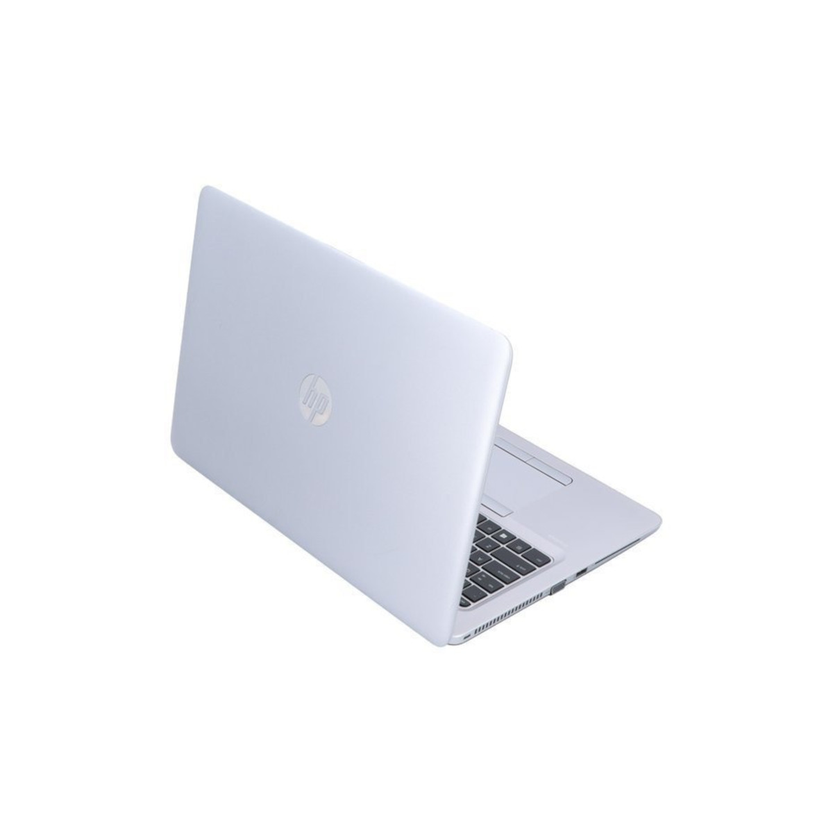 Ein silberner HP Laptop mit Tastatur und offenem Deckel auf weißem Hintergrund.