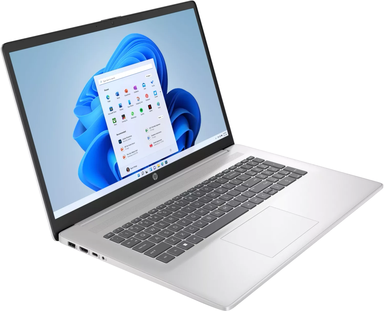 Ein silberner Laptop mit geöffnetem Bildschirm, der Windows 11 zeigt.