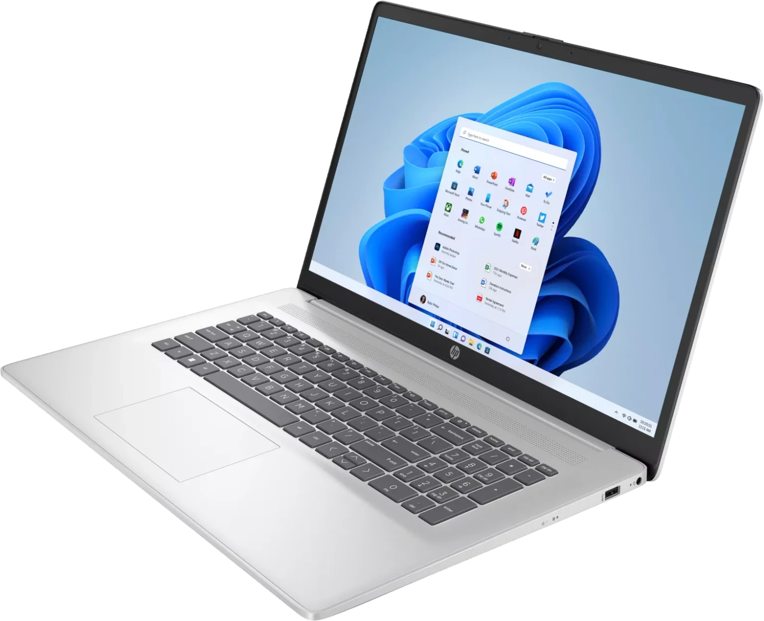 Ein geöffneter silberner Laptop mit Windows 11 und einem blauen Hintergrund.
