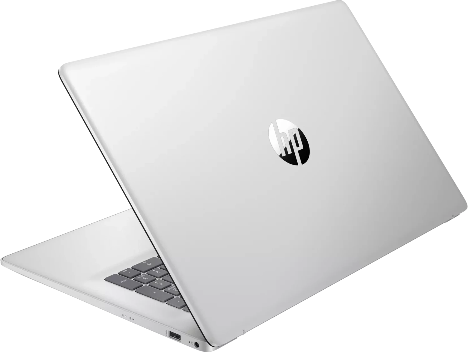 Ein silberner HP Laptop mit aufklappbarem Deckel und Tastatur.