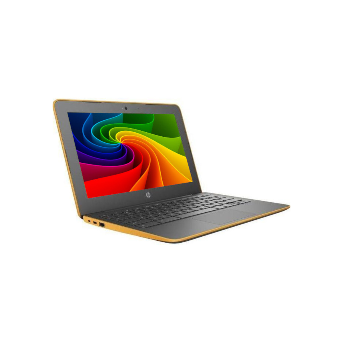 Ein gelber Laptop mit einem Regenbogen-Hintergrundbild auf dem Bildschirm.