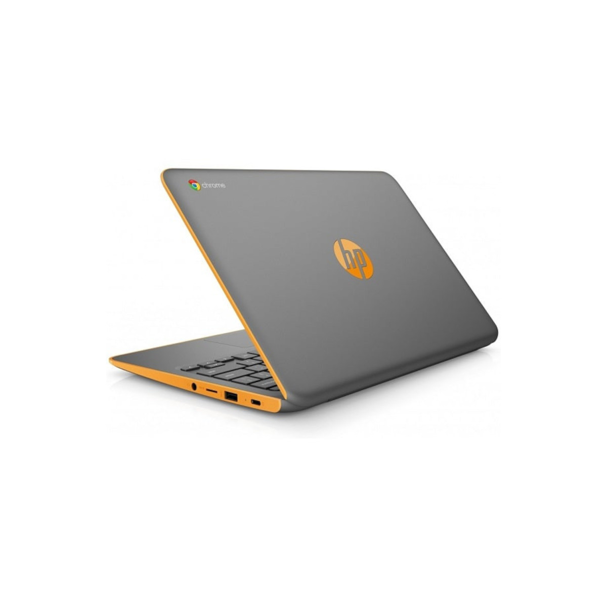 Ein grauer HP Chromebook mit orangefarbenen Akzenten, seitlich geöffnet.
