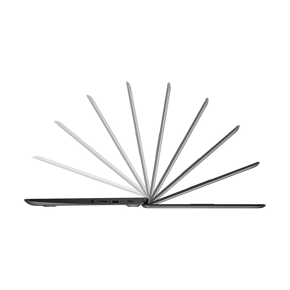 Ein offenes schwarzes Laptop mit sich fächerförmig öffnenden Bildschirmen.