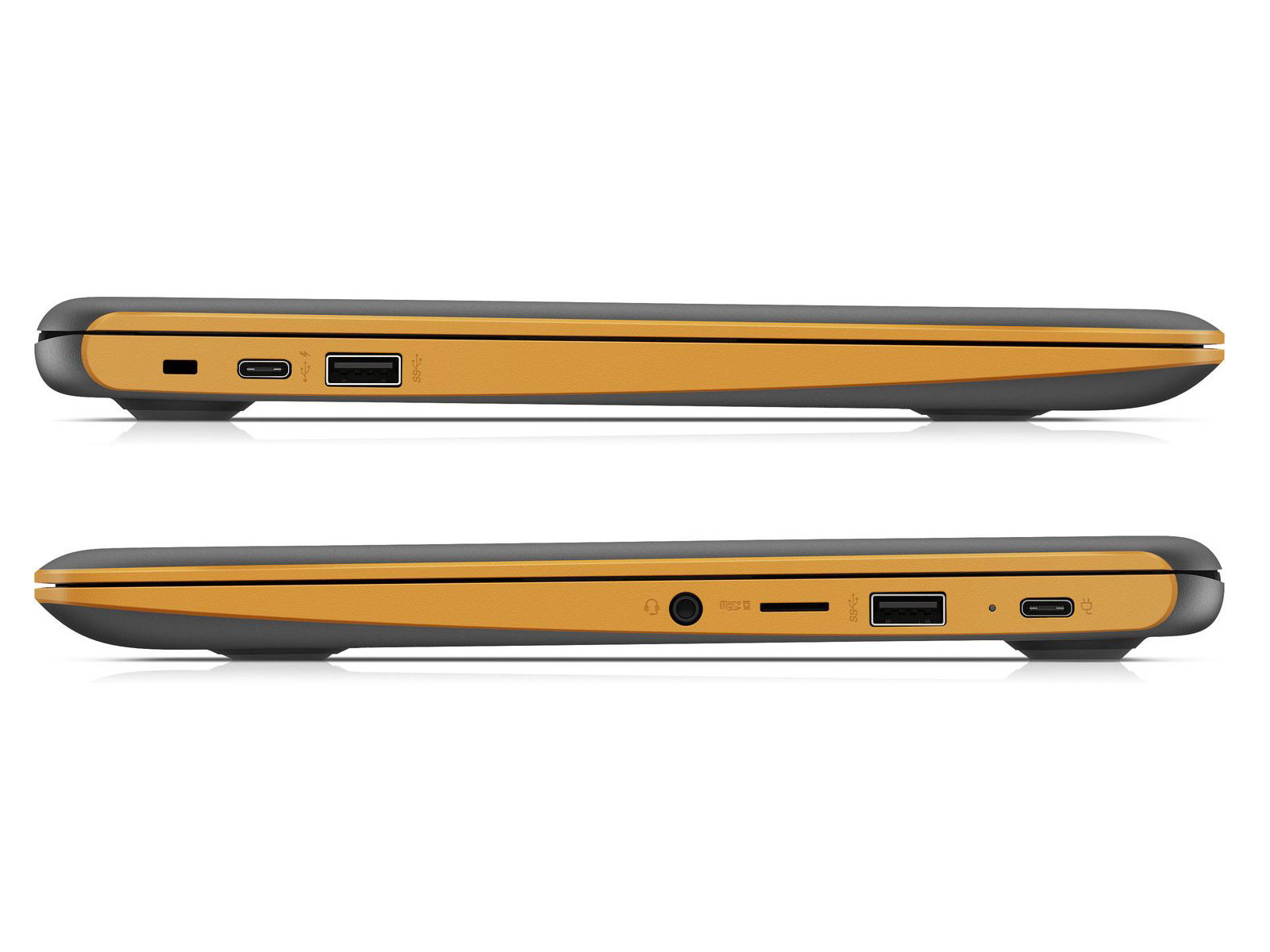 Seitenansicht eines orange-grauen Laptops mit USB- und anderen Anschlüssen.