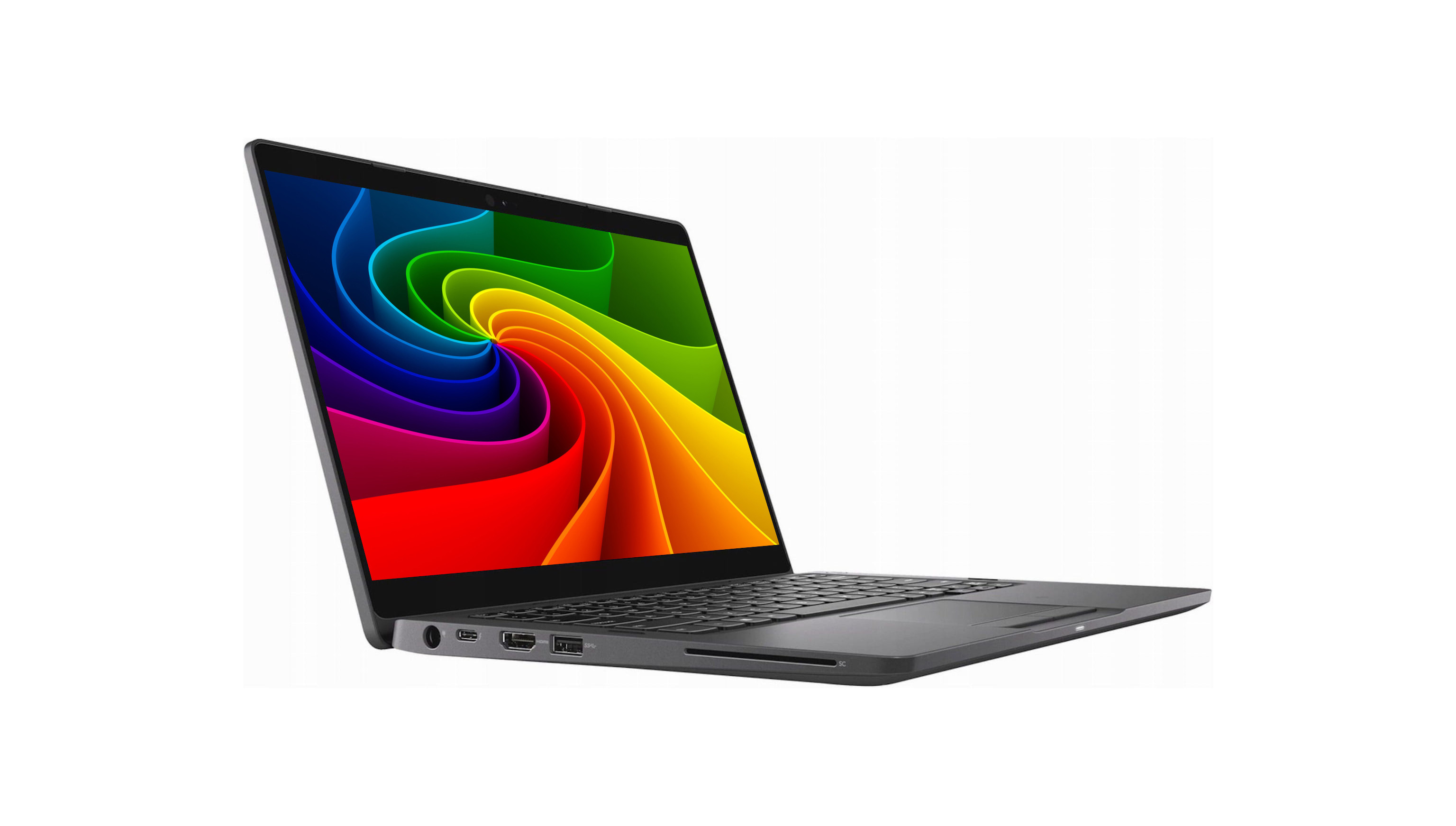 Ein geöffneter Laptop mit einem bunten Wirbel auf dem Bildschirm.