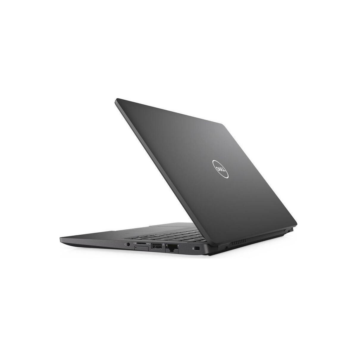 Ein graues Dell-Notebook mit geöffnetem Bildschirm, seitliche Anschlüsse sichtbar.